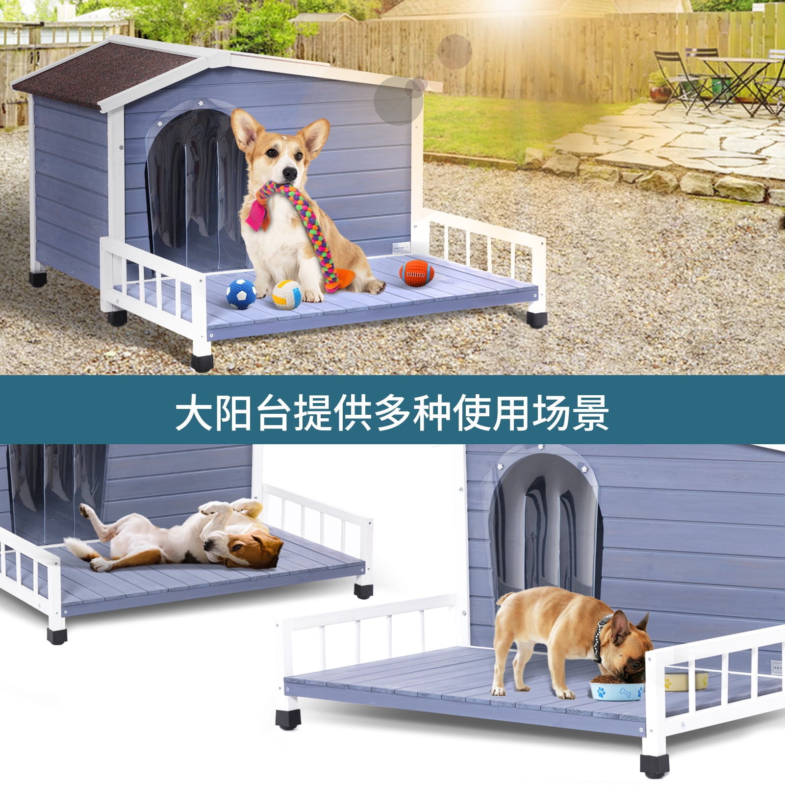 Large Wooden Dog House Indoor Outdoor With Terrace And Open Waterproof Asphalt Roof, Outdoor Dog House With Raised Floor, Windows And Door Curtains, Suitable For Small And Medium Dogs Grey Outdoor Use Dog Solid Wood