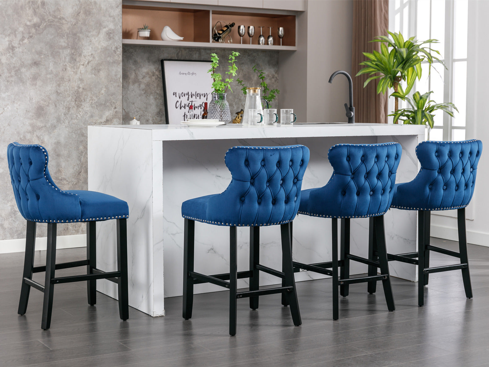 Contemporary Velvet Upholstered Wing Back Barstools With Button Tufted Decoration And Wooden Legs, And Chrome Trim, Leisure Style Bar Chairs,Bar Stools,Set Of 2 Blue ,Sw1824Bl Blue Foam Velvet