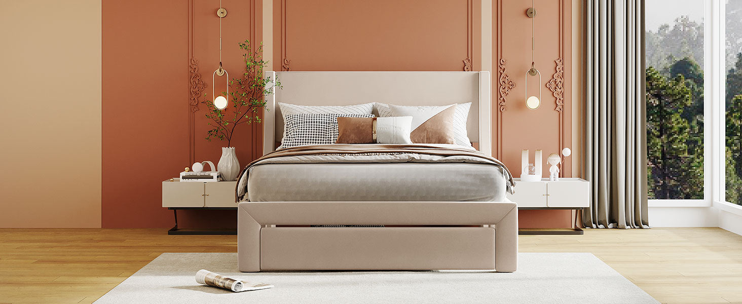 Full Size Storage Bed Velvet Upholstered Platform Bed With A Big Drawer Beige Beige Velvet
