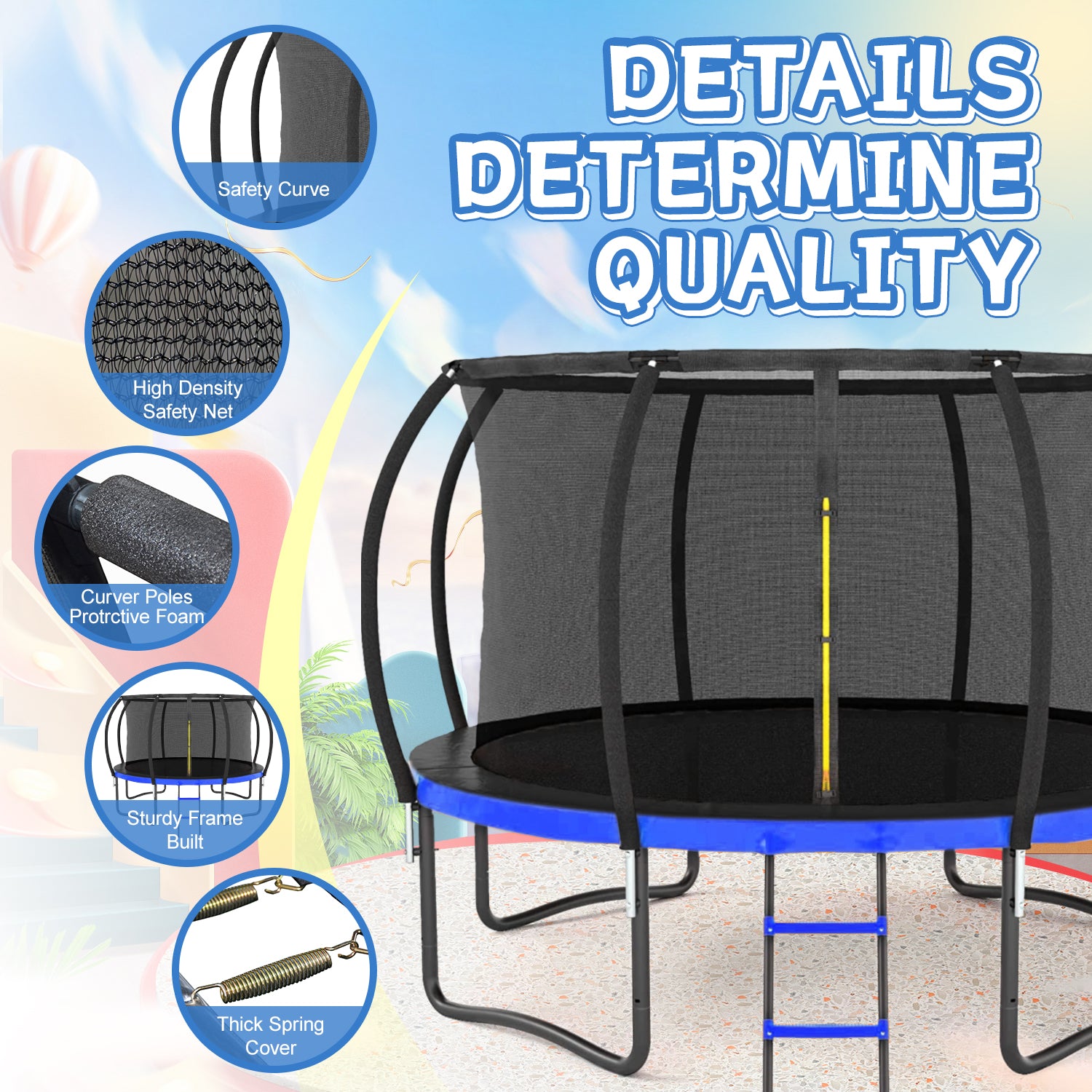 14Ft Outdoor Big Trampoline With Inner Safety Enclosure Net, Ladder, Pvc Spring Cover Padding, For Kids, Black&Blue Color Black Blue Metal