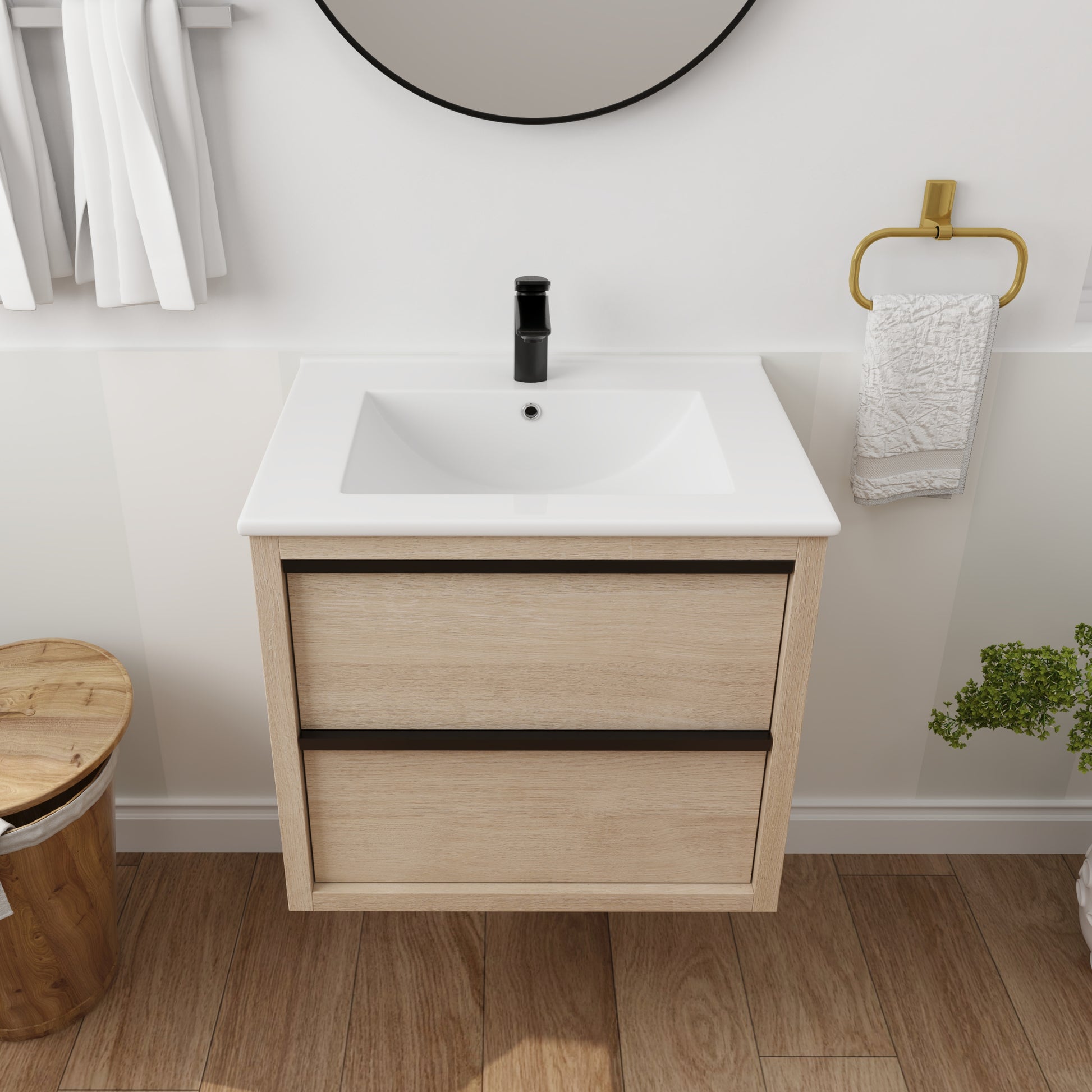 24" Bathroom Vanity with 2 Soft Close drawers, White 2-plain light oak-bathroom-wall