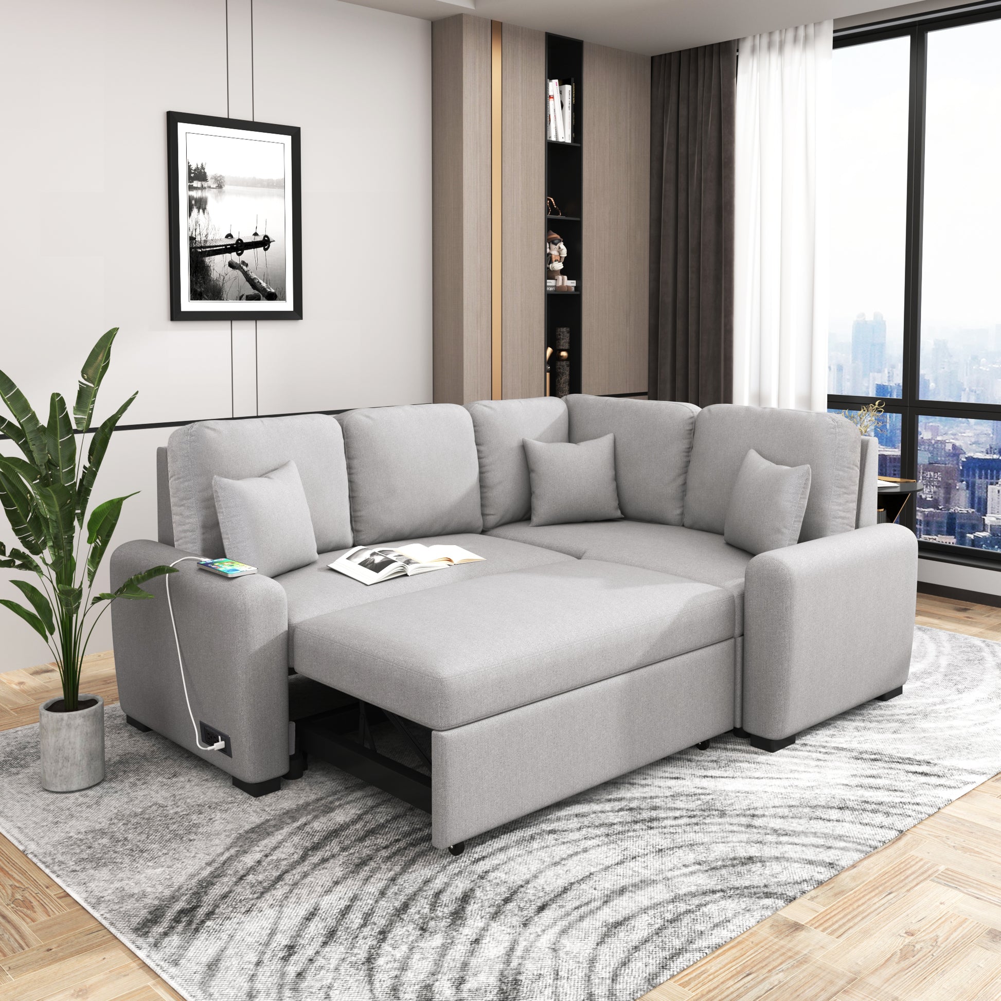 76.7"Sectional Sleeper Sofa With Usb Charging Port And Plug Outlet,Pull Out Sofa Bed With 3 Pillows, L Shape Chaise For Living Room Small Apartment,Grey Grey Foam Velvet 3 Seat