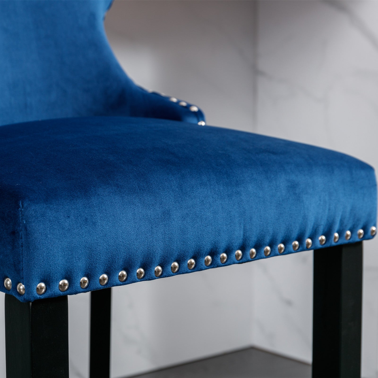 Contemporary Velvet Upholstered Wing Back Barstools With Button Tufted Decoration And Wooden Legs, And Chrome Trim, Leisure Style Bar Chairs,Bar Stools,Set Of 2 Blue ,Sw1824Bl Blue Foam Velvet