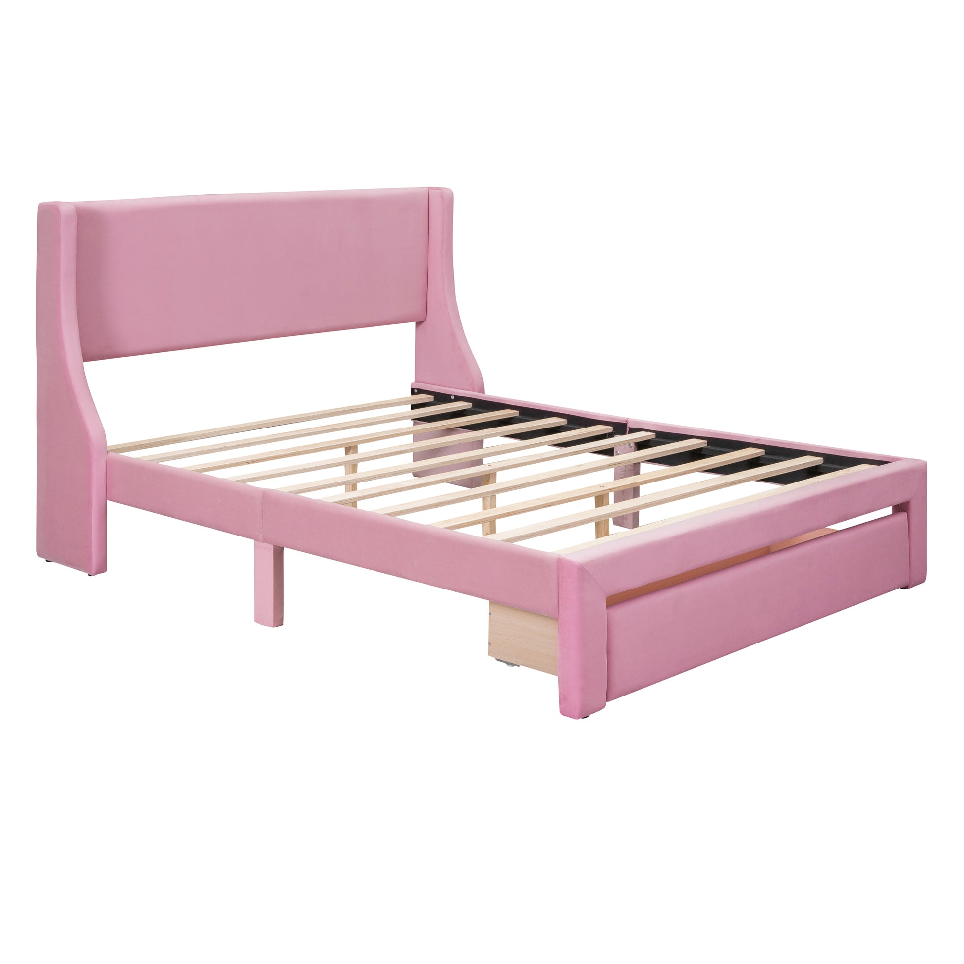 Queen Size Storage Bed Velvet Upholstered Platform Bed With A Big Drawer Pink Pink Velvet