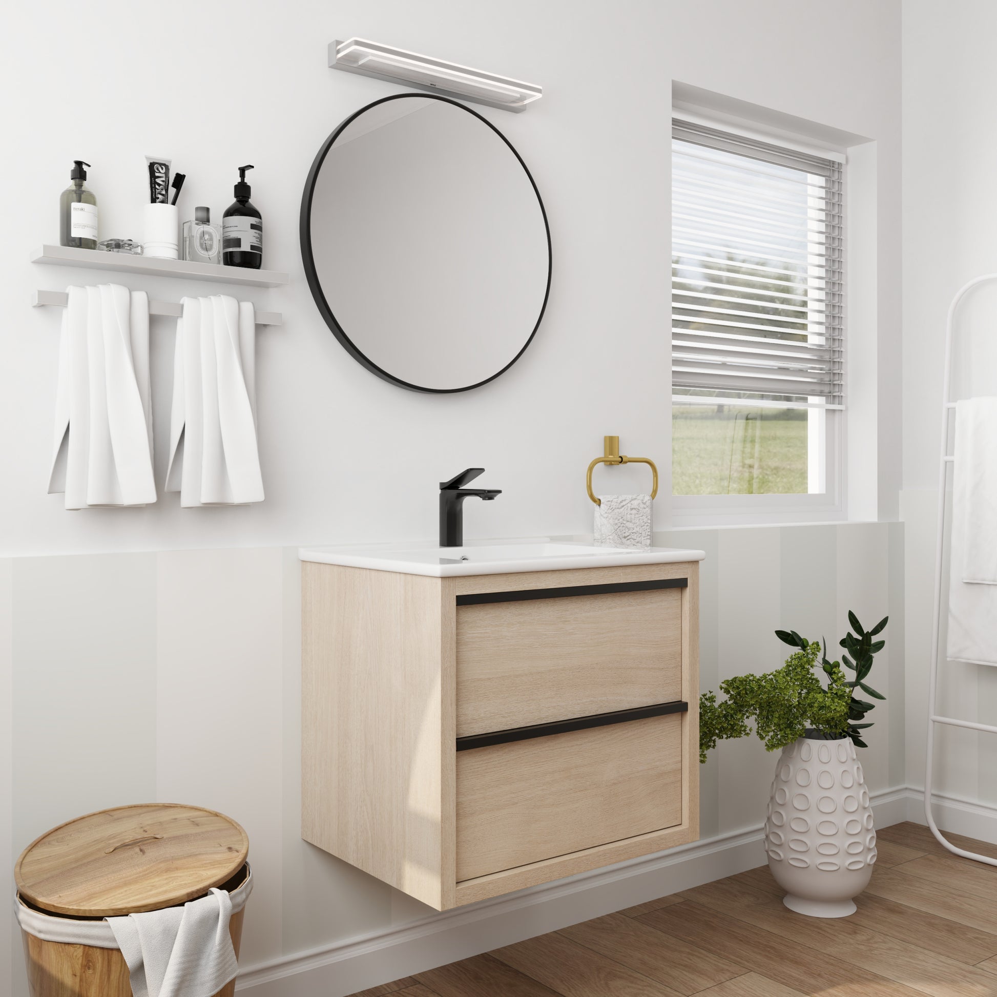 24" Bathroom Vanity with 2 Soft Close drawers, White 2-plain light oak-bathroom-wall