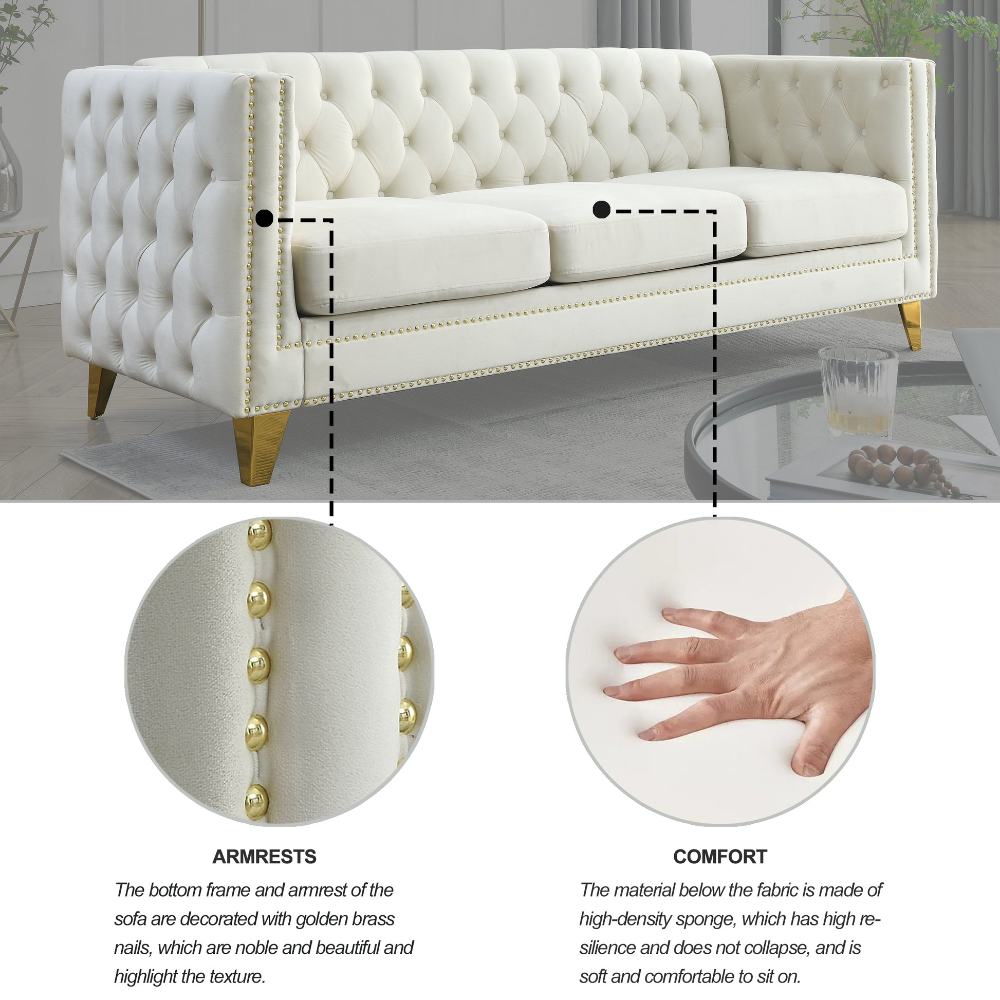 Contact Us For 3D Modeling Velvet Sofa For Living Room,Buttons Tufted Square Arm Couch, Modern Couch Upholstered Button And Metal Legs, Sofa Couch For Bedroom, Beige Velvet W834S00023 Beige Foam Velvet