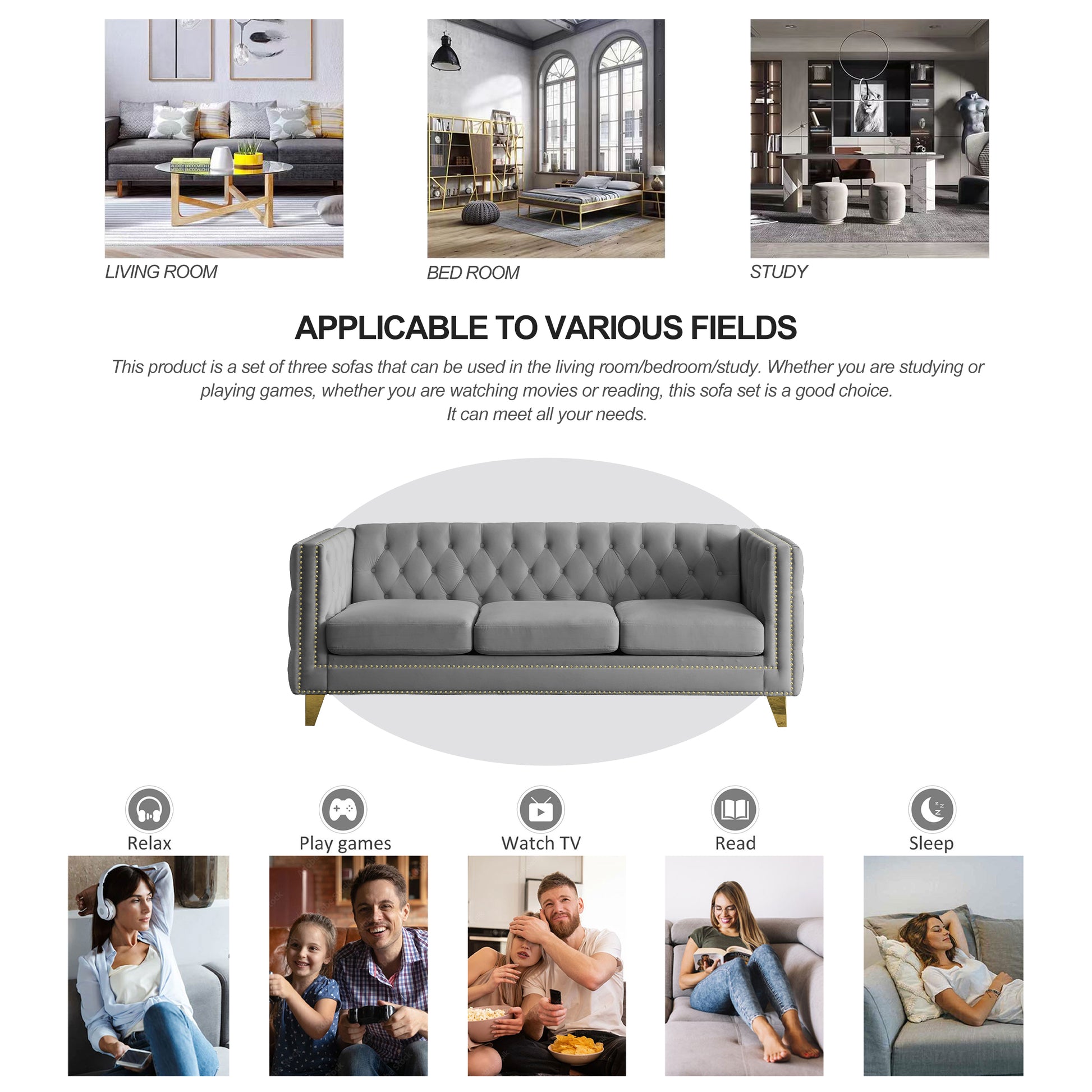 Contact Us For 3D Modeling Velvet Sofa For Living Room,Buttons Tufted Square Arm Couch, Modern Couch Upholstered Button And Metal Legs, Sofa Couch For Bedroom, Grey Velvet W834S00020 Gray Foam Velvet