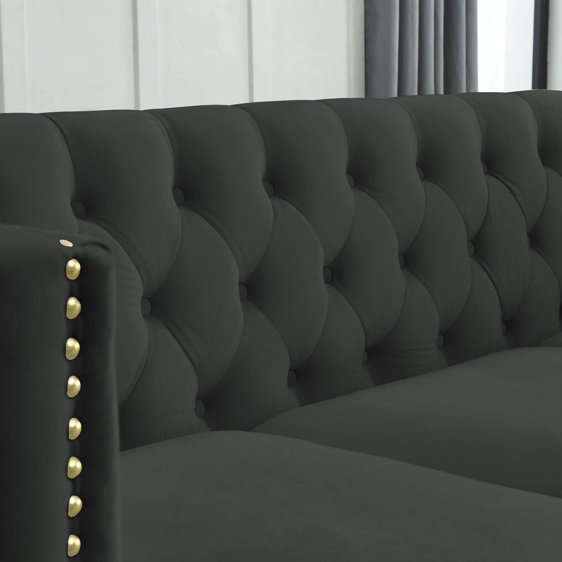 Contact Us For 3D Modeling Velvet Sofa For Living Room,Buttons Tufted Square Arm Couch, Modern Couch Upholstered Button And Metal Legs, Sofa Couch For Bedroom, Black Velvet ,2Pcs Black Foam Velvet