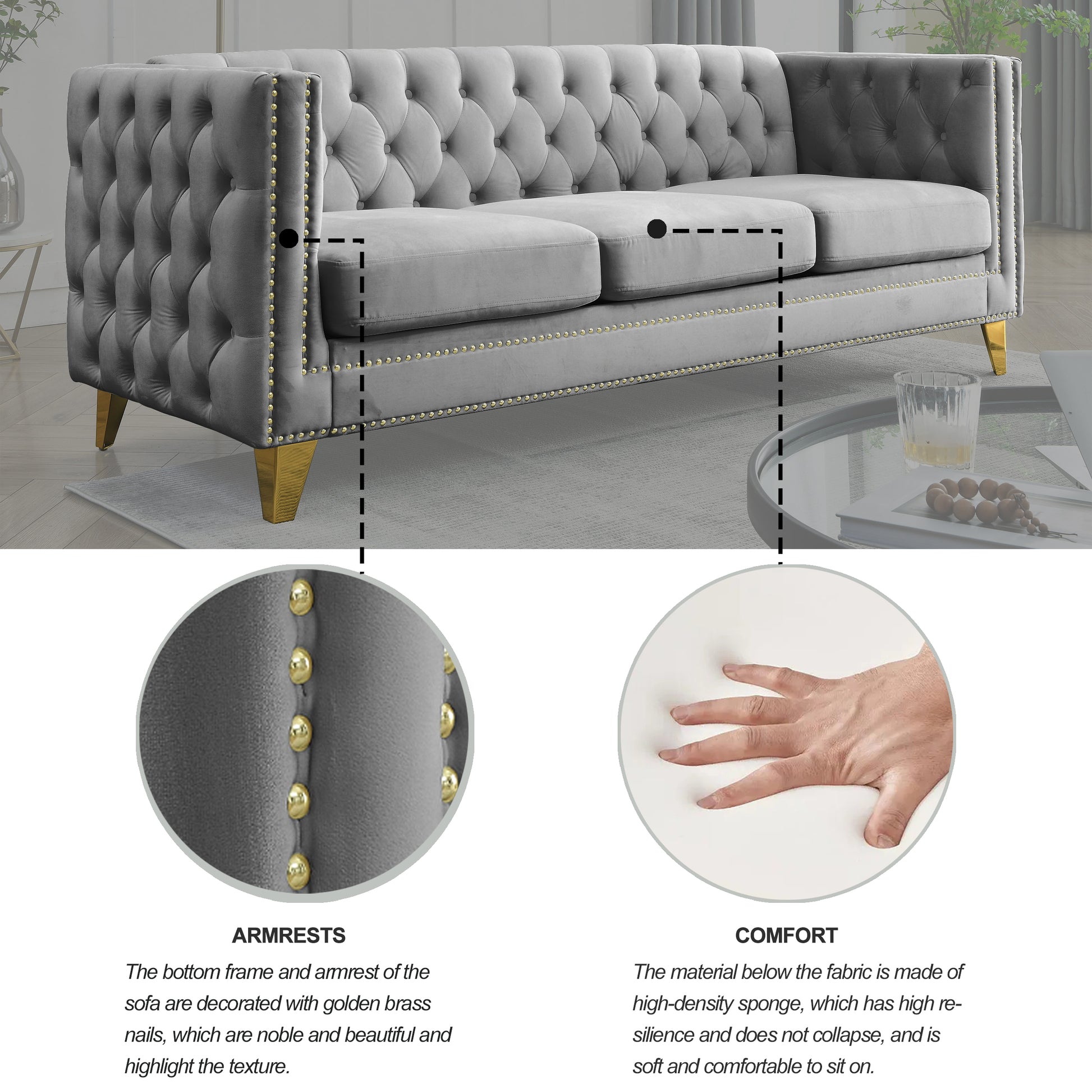 Contact Us For 3D Modeling Velvet Sofa For Living Room,Buttons Tufted Square Arm Couch, Modern Couch Upholstered Button And Metal Legs, Sofa Couch For Bedroom, Grey Velvet W834S00020 Gray Foam Velvet