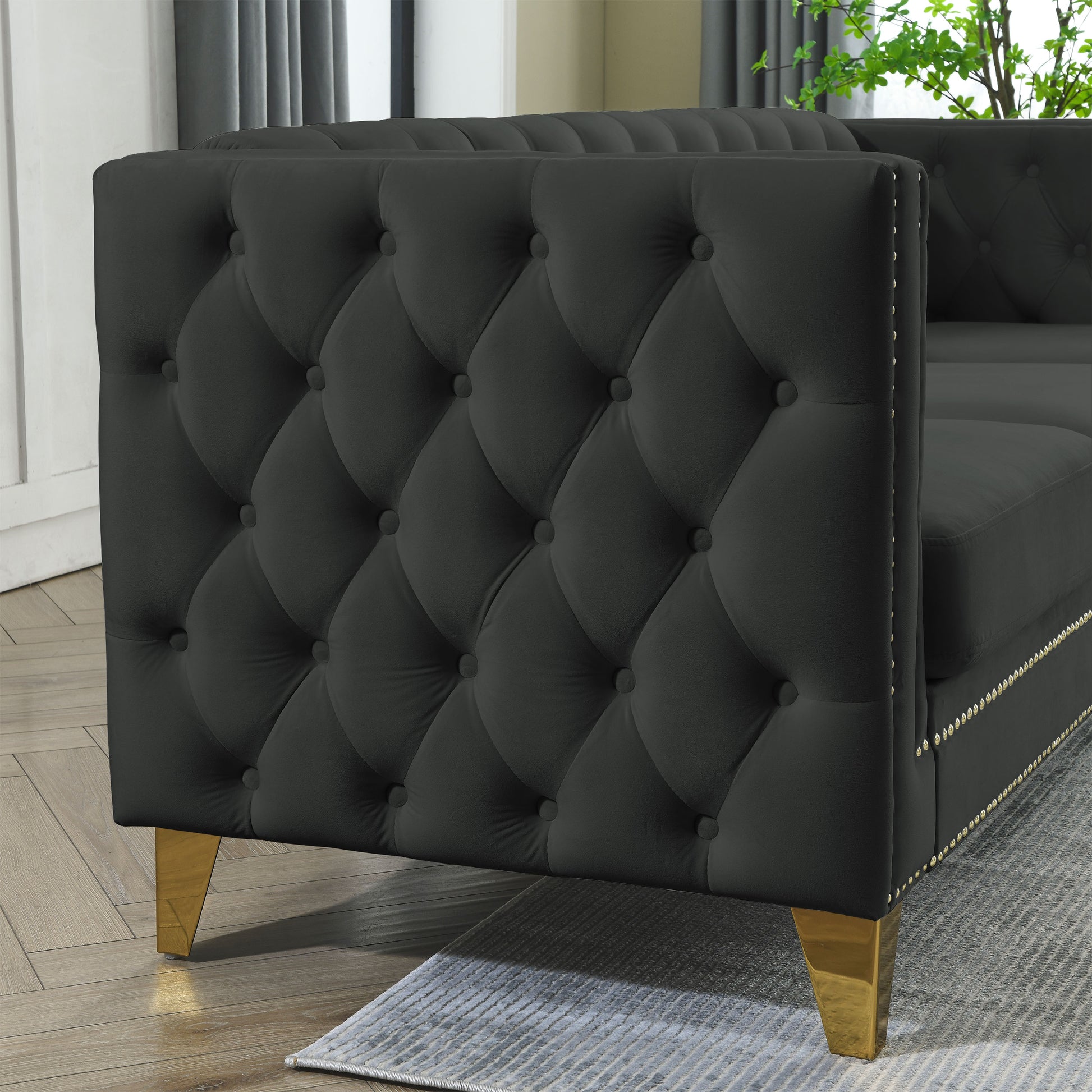 Contact Us For 3D Modeling Velvet Sofa For Living Room,Buttons Tufted Square Arm Couch, Modern Couch Upholstered Button And Metal Legs, Sofa Couch For Bedroom, Black Velvet ,2Pcs Black Foam Velvet