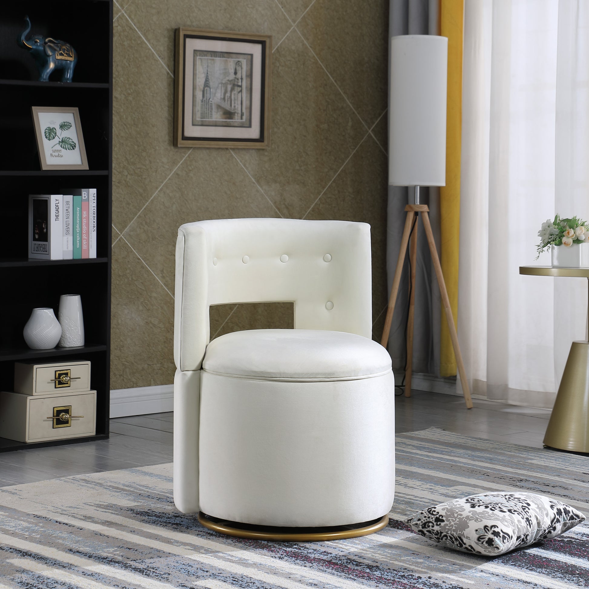 360 Swivel Accent Chair With Storage Function, Velvet Curved Chair With Gold Metal Base For Living Room, Nursery, Bedroom Video Beige Fabric