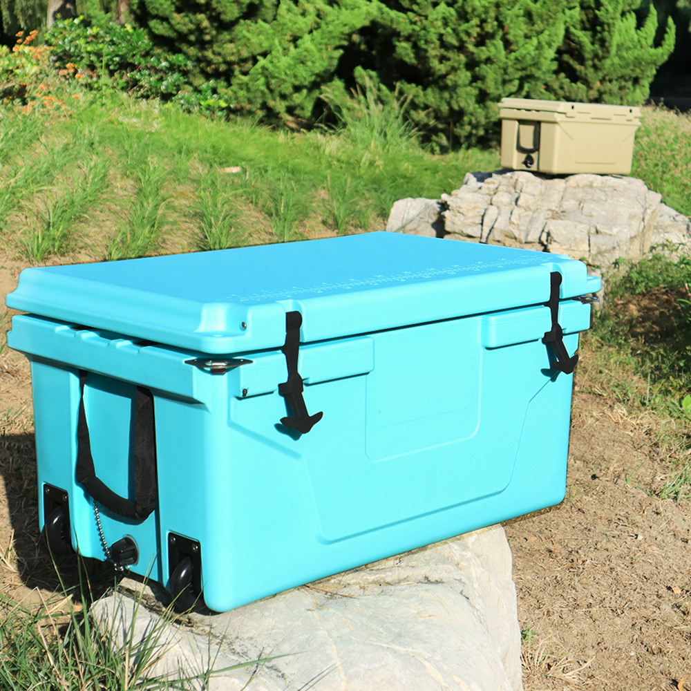Hot Selling Blue Color 65Qt Outdoor Cooler Fish Ice Chest Box 2022 Popular Camping Cooler Box Blue Abs Plastic