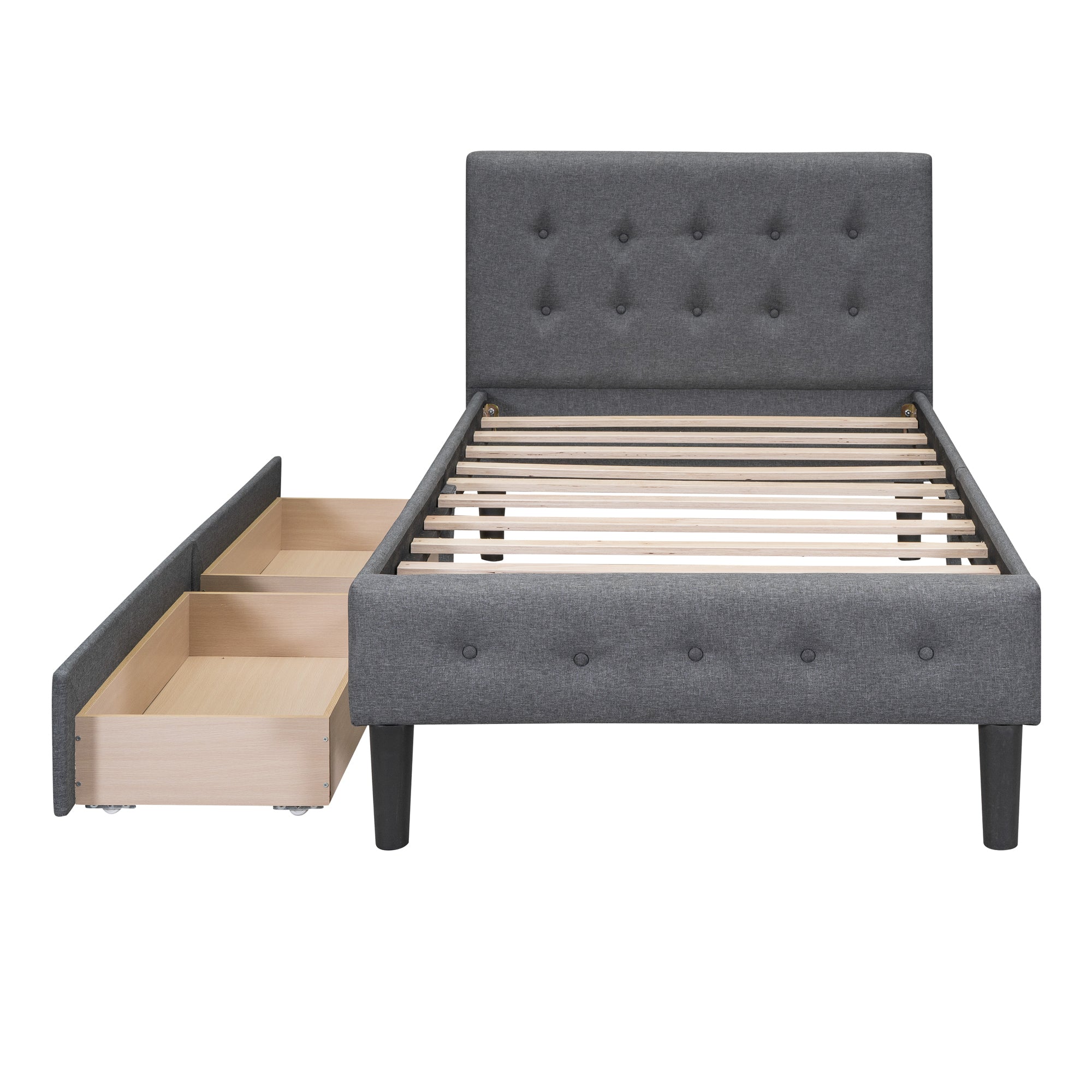 Twin Size Upholstered Platform Bed with 2 Drawers, gray-upholstered