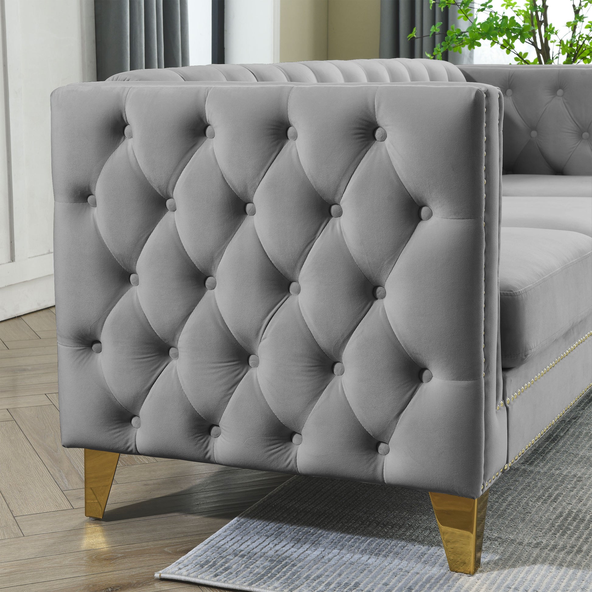 Contact Us For 3D Modeling Velvet Sofa For Living Room,Buttons Tufted Square Arm Couch, Modern Couch Upholstered Button And Metal Legs, Sofa Couch For Bedroom, Grey Velvet W834S00020 Gray Foam Velvet