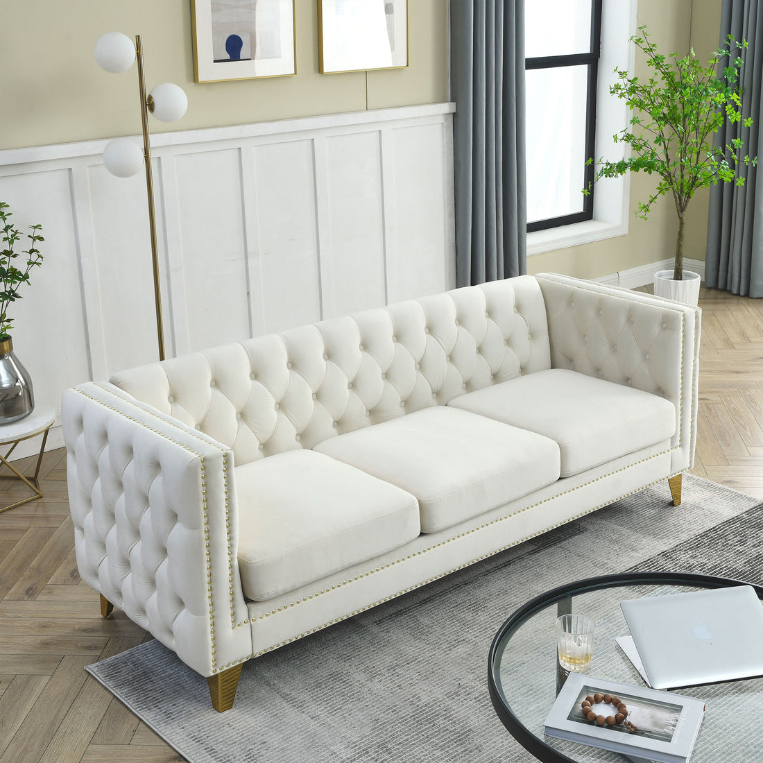 Contact Us For 3D Modeling Velvet Sofa For Living Room,Buttons Tufted Square Arm Couch, Modern Couch Upholstered Button And Metal Legs, Sofa Couch For Bedroom, Beige Velvet W834S00023 Beige Foam Velvet