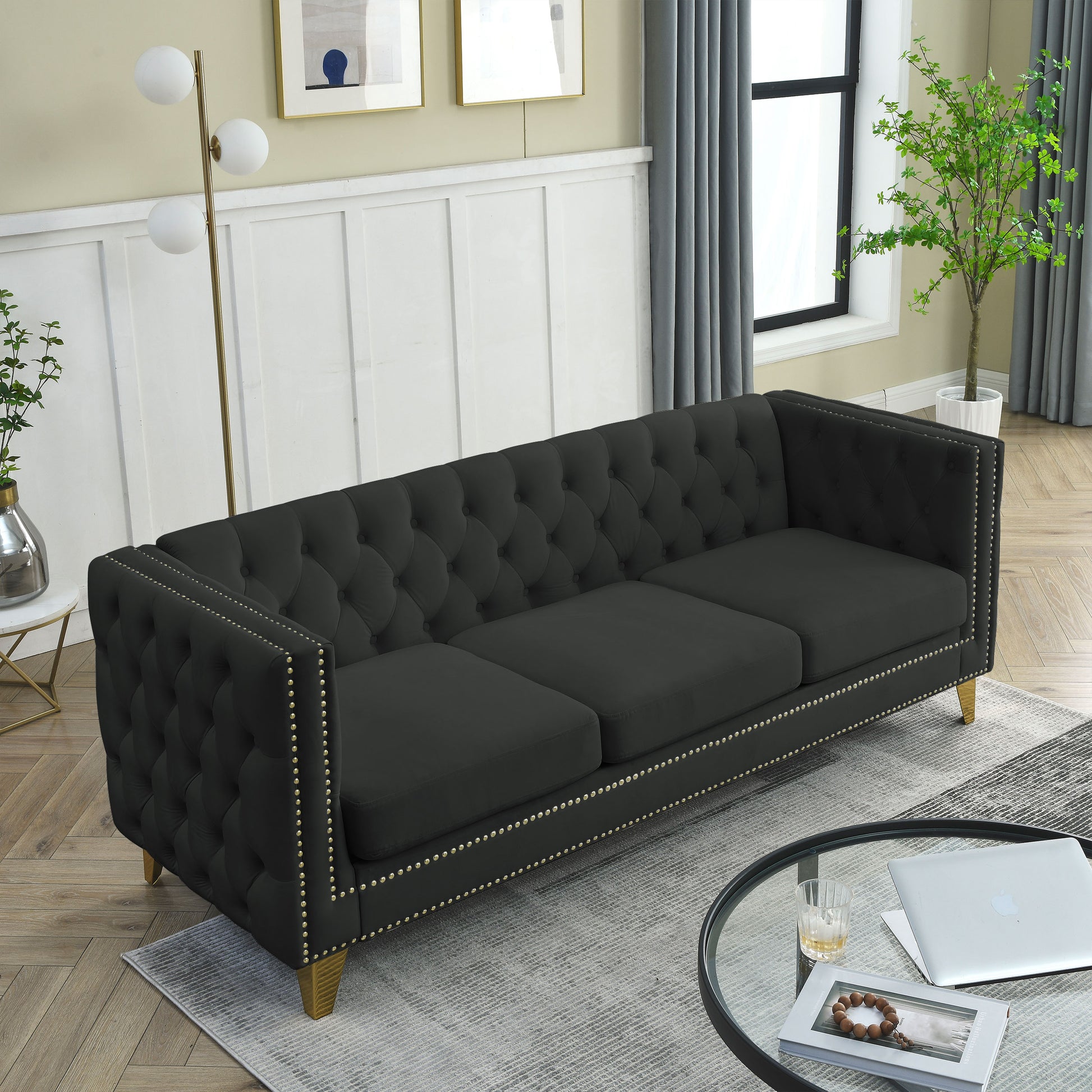 Contact Us For 3D Modeling Velvet Sofa For Living Room,Buttons Tufted Square Arm Couch, Modern Couch Upholstered Button And Metal Legs, Sofa Couch For Bedroom, Black Velvet ,2Pcs Black Foam Velvet