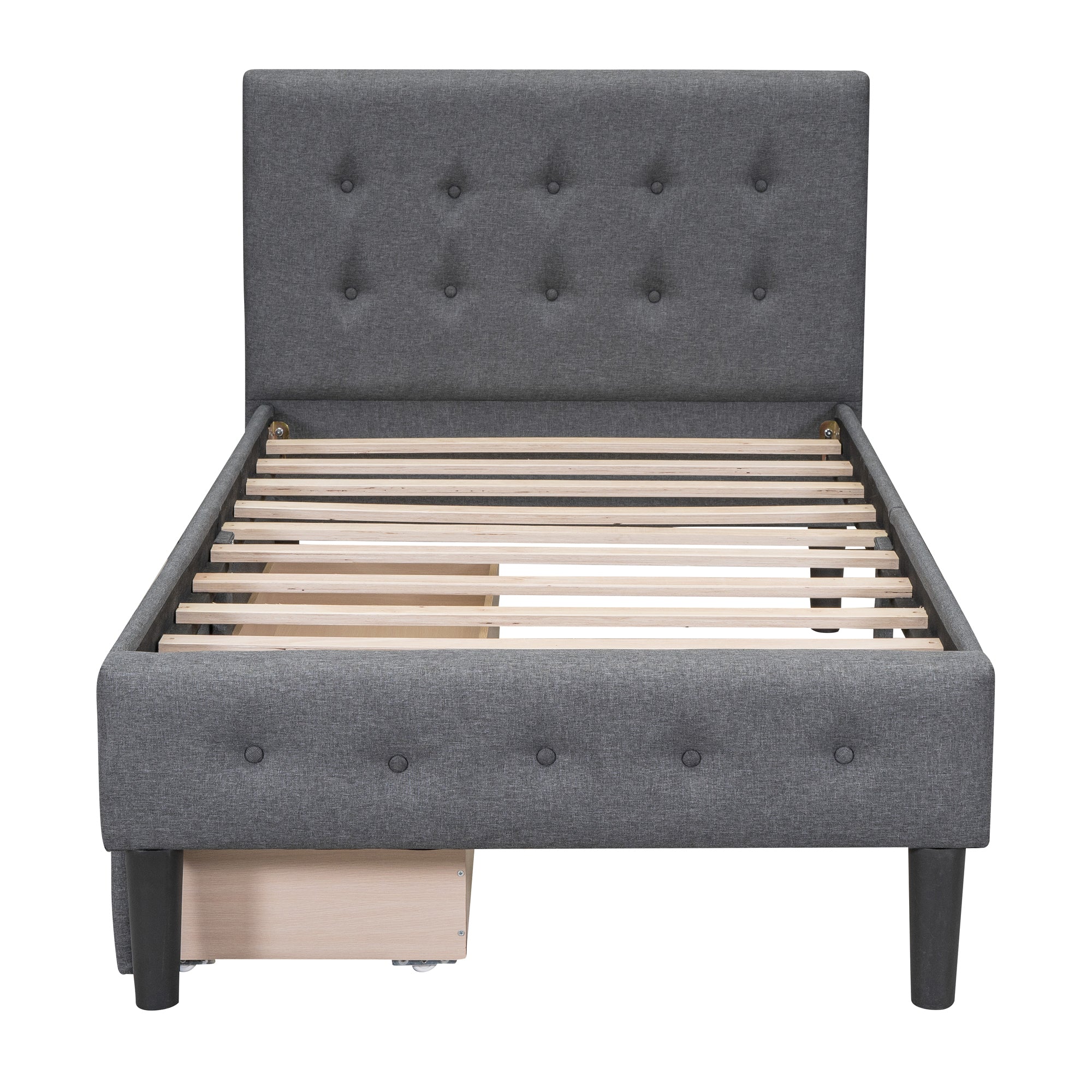 Twin Size Upholstered Platform Bed with 2 Drawers, gray-upholstered