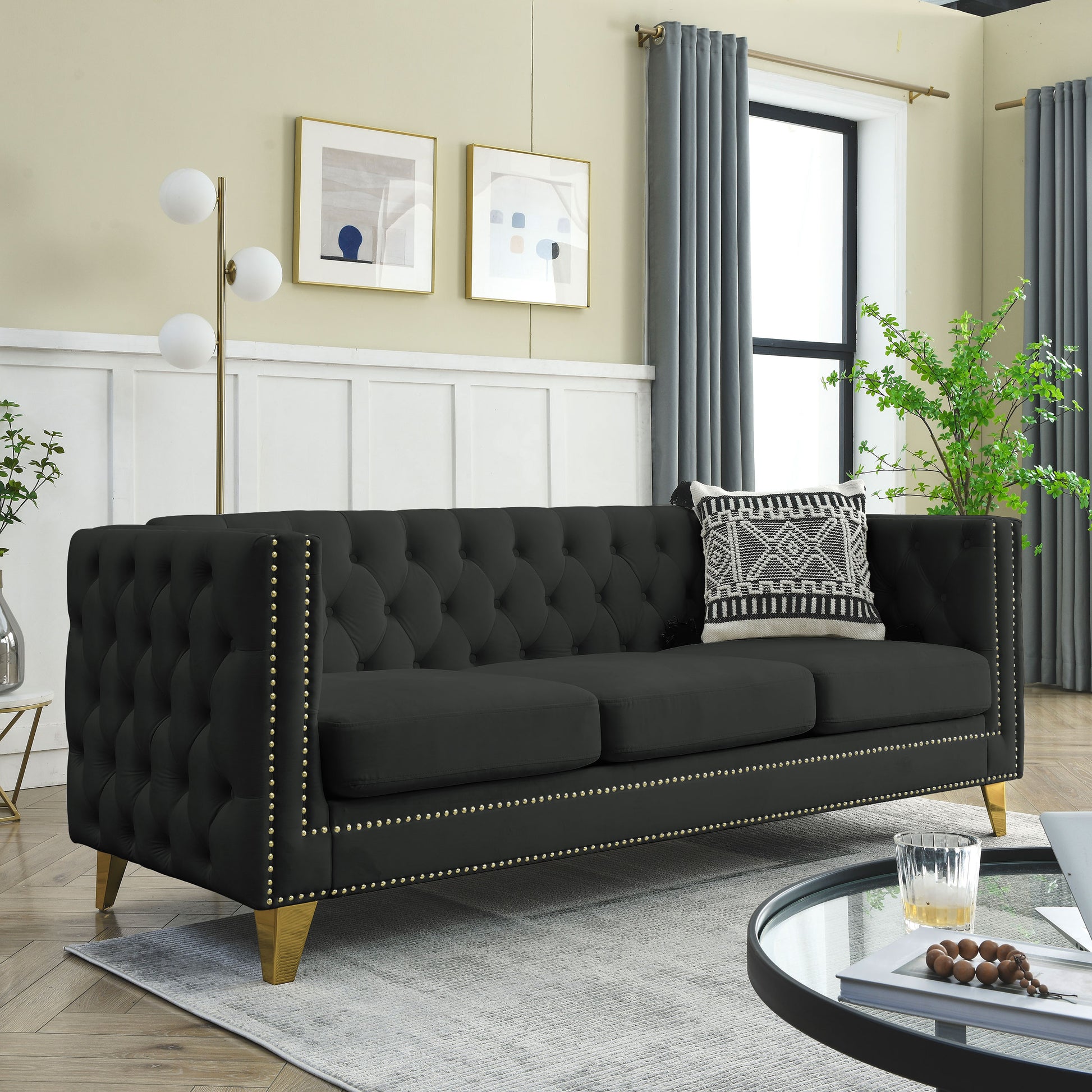 Contact Us For 3D Modeling Velvet Sofa For Living Room,Buttons Tufted Square Arm Couch, Modern Couch Upholstered Button And Metal Legs, Sofa Couch For Bedroom, Black Velvet ,2Pcs Black Foam Velvet