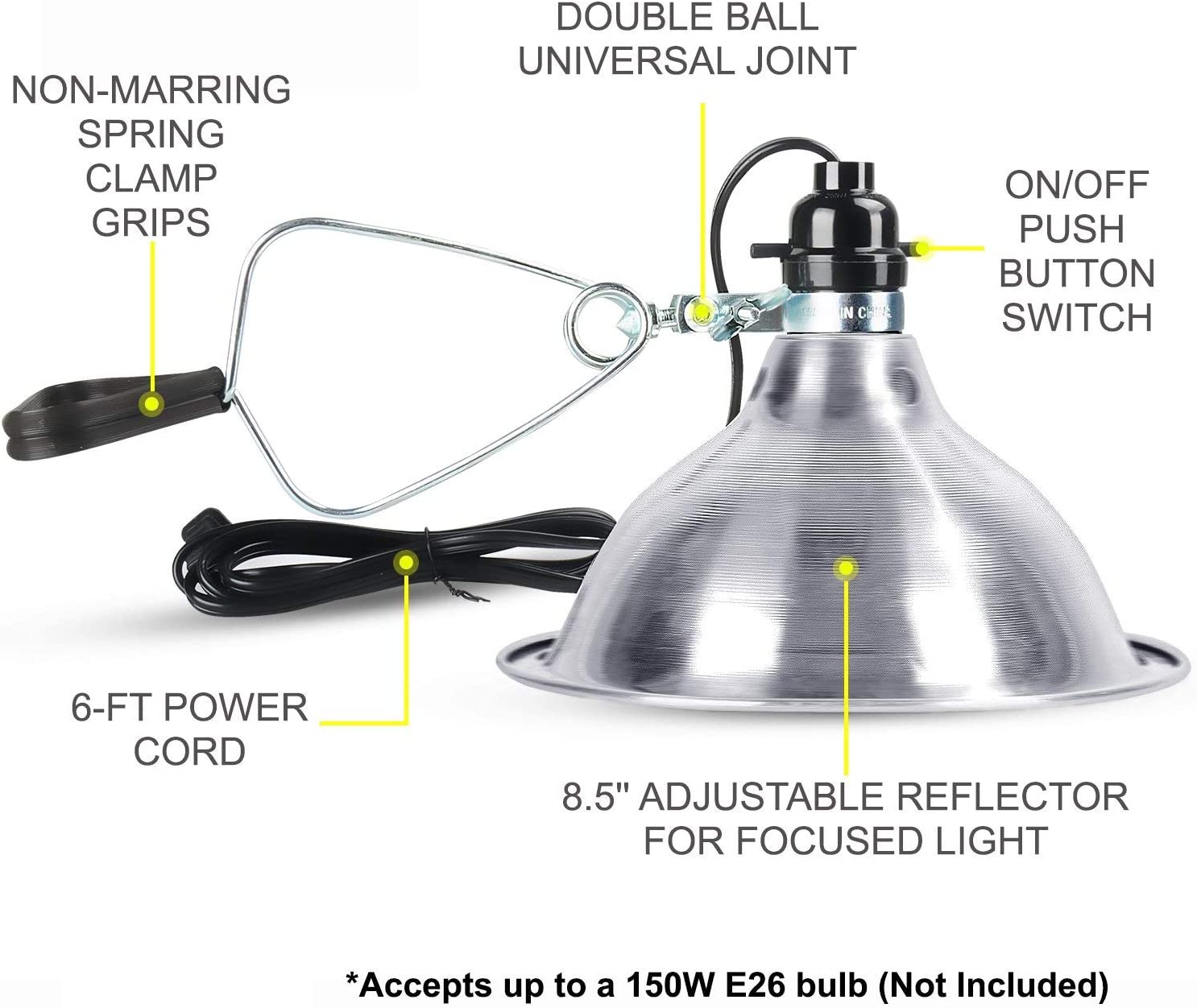 Simple Deluxe 12 Pack Clamp Lamp Light With 8.5 Inch Aluminum Reflector Up To 150 Watt E26 Socket No Bulb Included 6 Feet 18 2 Spt 2 Cord White Metal