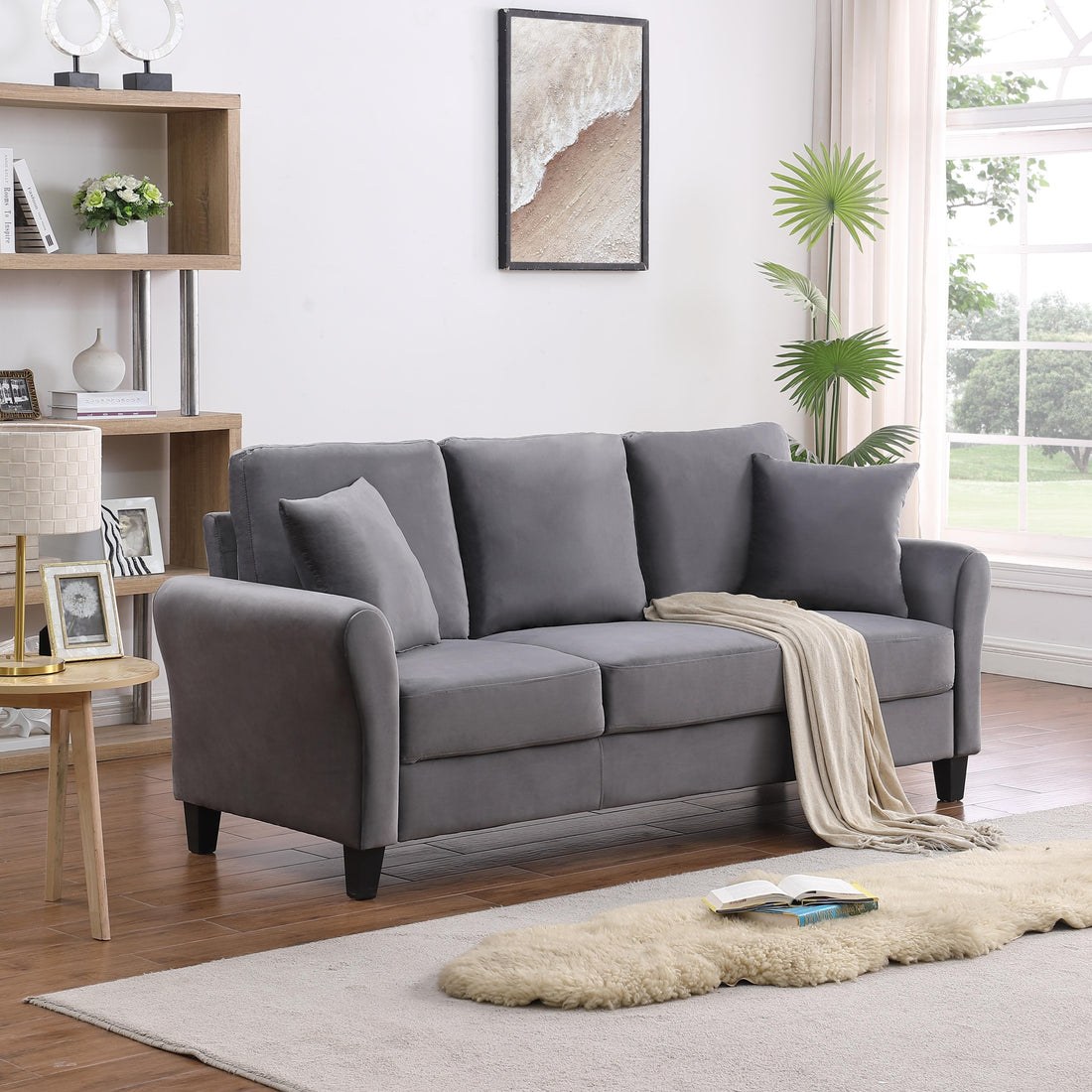Modern Velvet Couch With 2 Pillow, 78 Inch Width Living Room Furniture, 3 Seater Sofa With Plastic Legs Gray Velvet