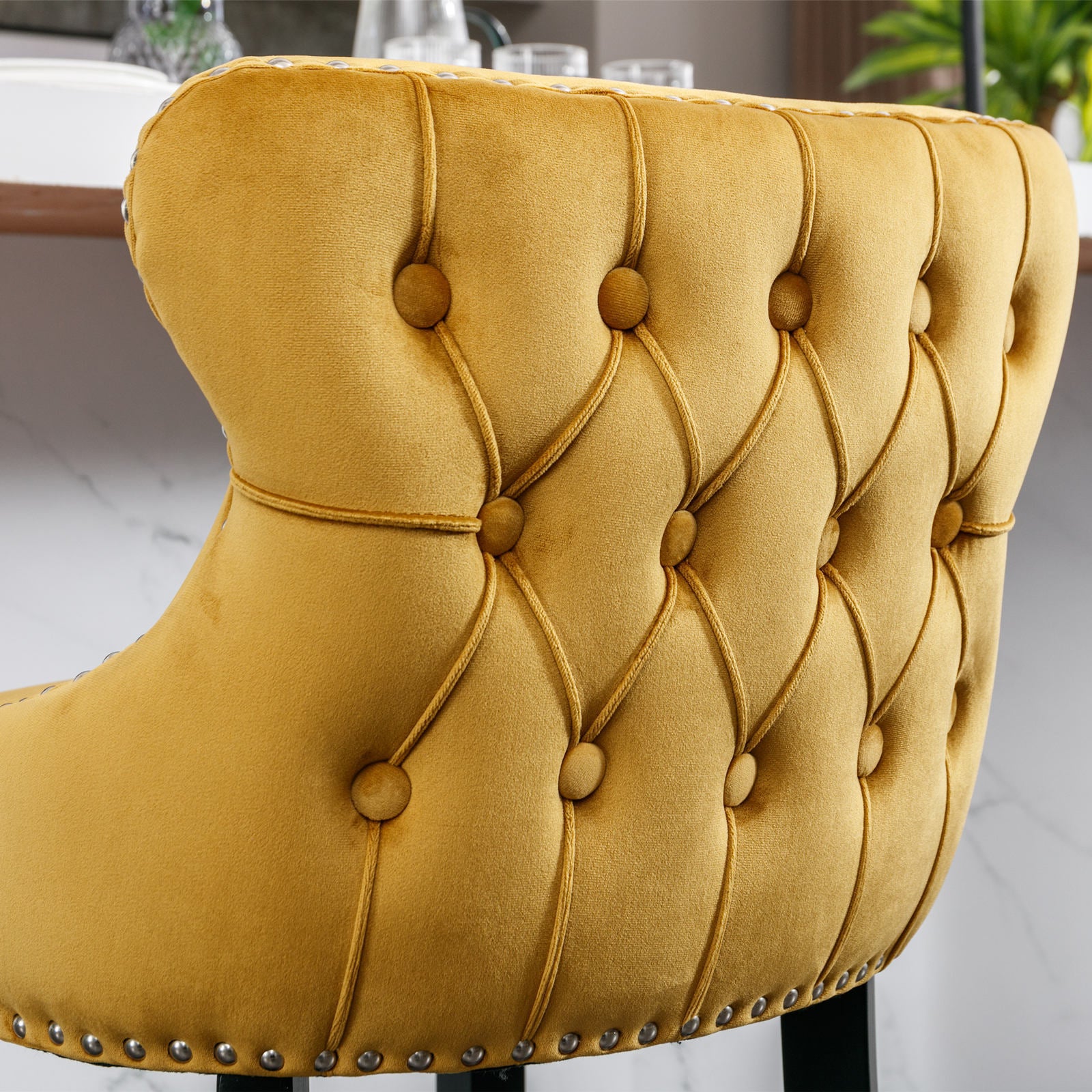 Contemporary Velvet Upholstered Wing Back Barstools With Button Tufted Decoration And Wooden Legs, And Chrome Trim, Leisure Style Bar Chairs,Bar Stools,Set Of 2 Gold ,Sw1824Gl Gold Foam Velvet