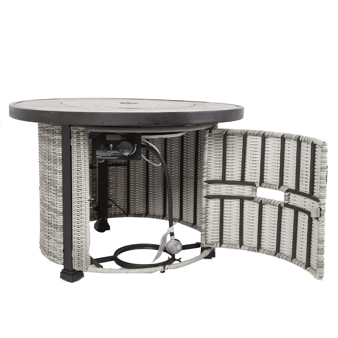 36 Inch Gas Propane Fire Pit Table, 50000 Btu Round Gas Fire Table With Lid & Lava Rock, Grey Rattan & Wicker Base, Outdoor Gas Firepit Table For Outside, Yard, Patio, Party, Garden Grey Steel