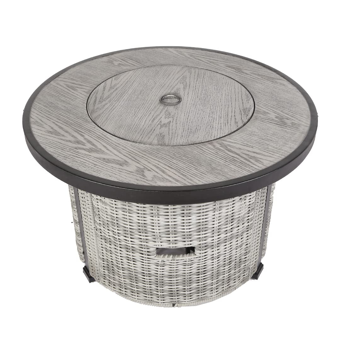 36 Inch Gas Propane Fire Pit Table, 50000 Btu Round Gas Fire Table With Lid & Lava Rock, Grey Rattan & Wicker Base, Outdoor Gas Firepit Table For Outside, Yard, Patio, Party, Garden Grey Steel