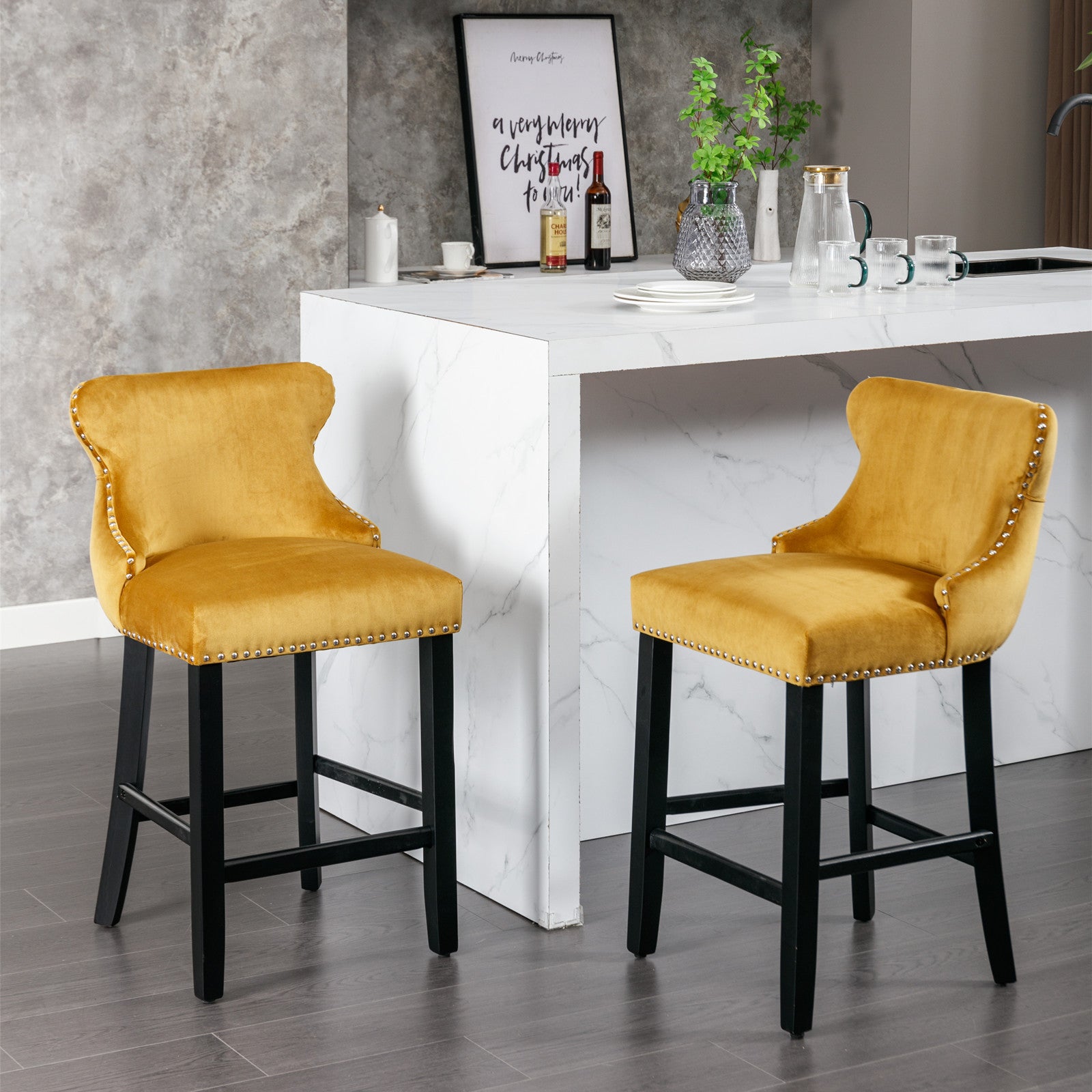 Contemporary Velvet Upholstered Wing Back Barstools With Button Tufted Decoration And Wooden Legs, And Chrome Trim, Leisure Style Bar Chairs,Bar Stools,Set Of 2 Gold ,Sw1824Gl Gold Foam Velvet