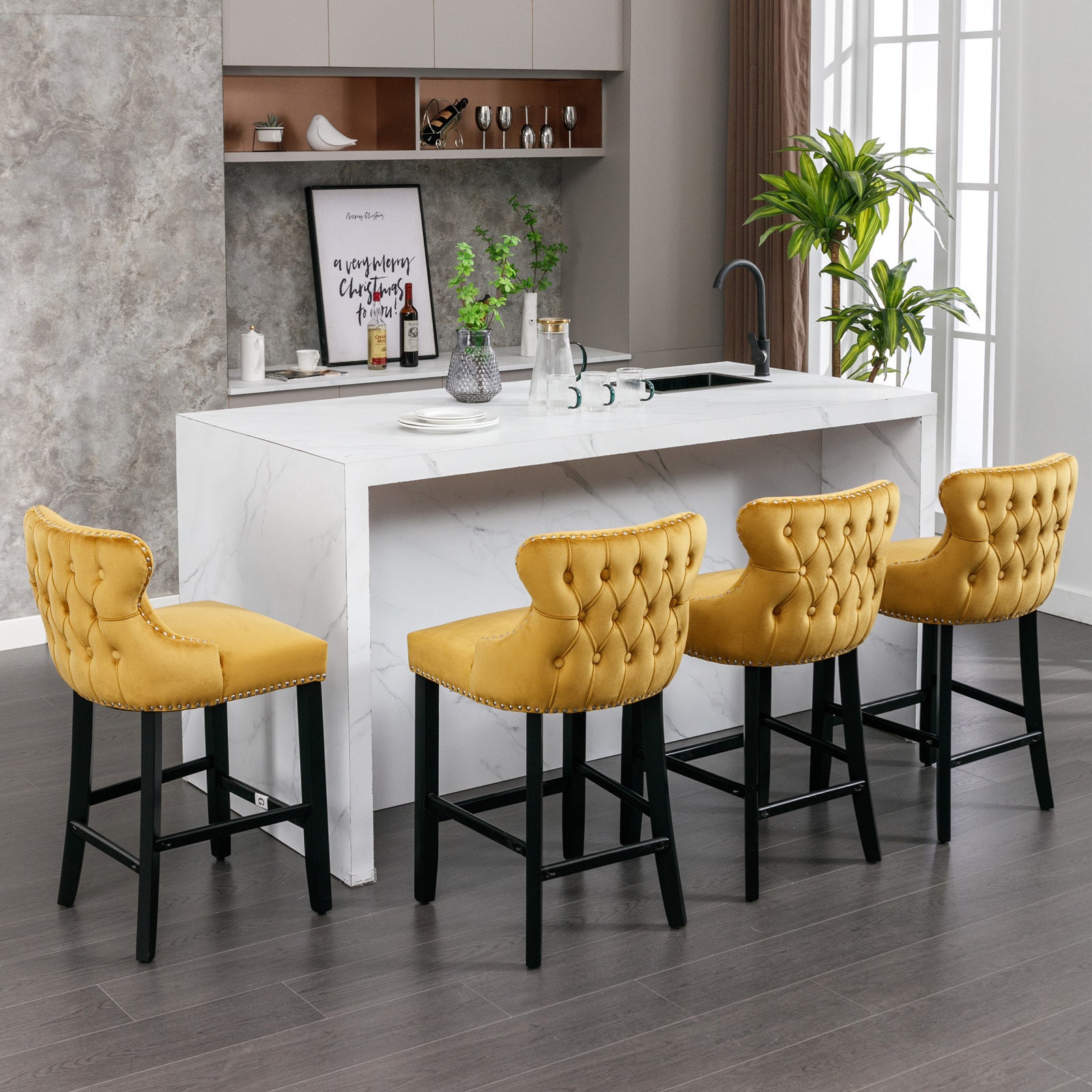 Contemporary Velvet Upholstered Wing Back Barstools With Button Tufted Decoration And Wooden Legs, And Chrome Trim, Leisure Style Bar Chairs,Bar Stools,Set Of 2 Gold ,Sw1824Gl Gold Foam Velvet