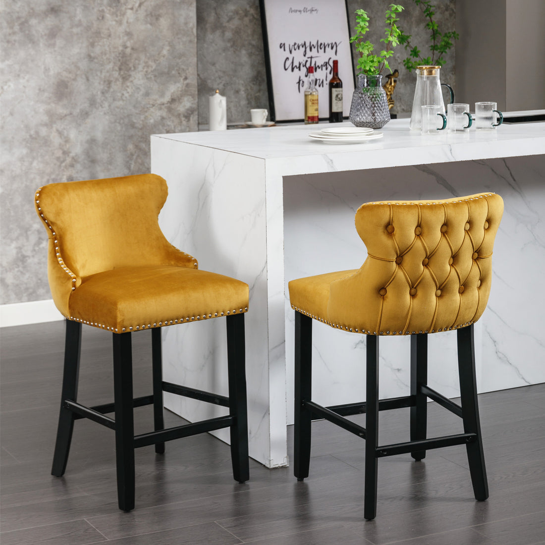 Contemporary Velvet Upholstered Wing Back Barstools With Button Tufted Decoration And Wooden Legs, And Chrome Trim, Leisure Style Bar Chairs,Bar Stools,Set Of 2 Gold ,Sw1824Gl Gold Foam Velvet