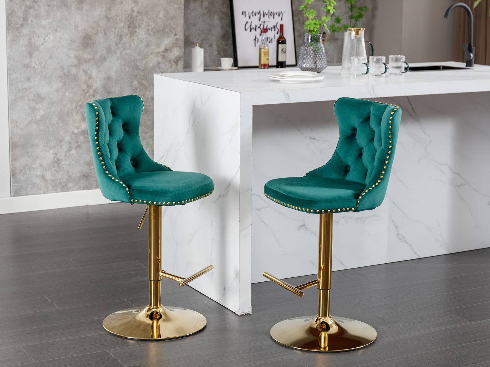 Golden Swivel Velvet Barstools Adjusatble Seat Height From 25 33 Inch, Modern Upholstered Bar Stools With Backs Comfortable Tufted For Home Pub And Kitchen Island Green,Set Of 2 Green Foam Velvet