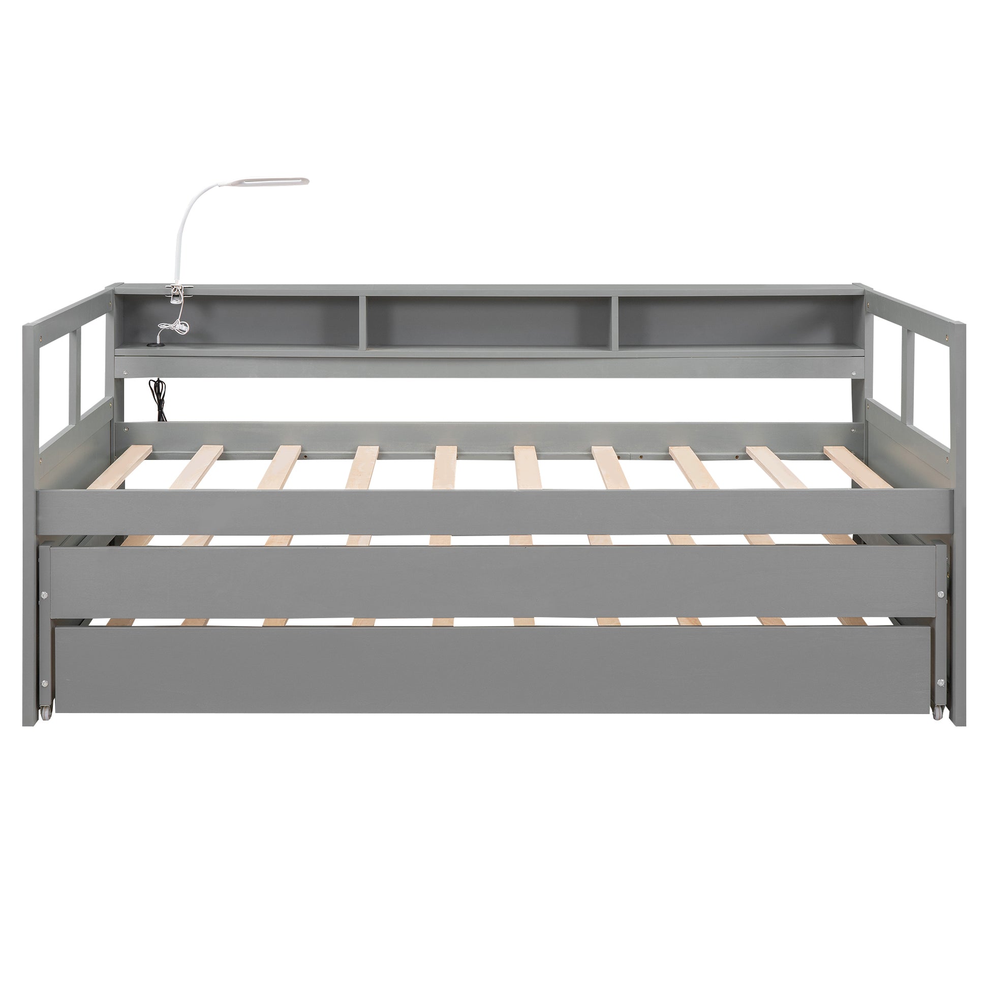 Twin Xl Wood Daybed With 2 Trundles, 3 Storage Cubbies, 1 Light And Usb Charging Design, Gray Gray Solid Wood