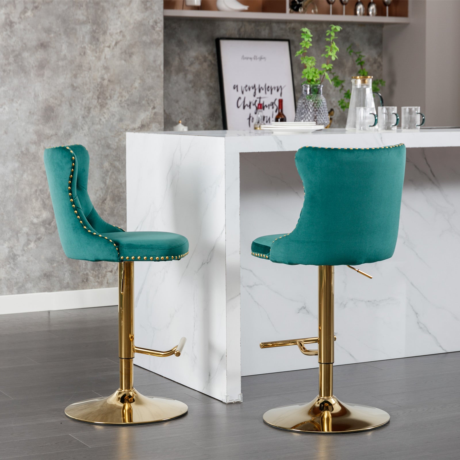 Golden Swivel Velvet Barstools Adjusatble Seat Height From 25 33 Inch, Modern Upholstered Bar Stools With Backs Comfortable Tufted For Home Pub And Kitchen Island Green,Set Of 2 Green Foam Velvet