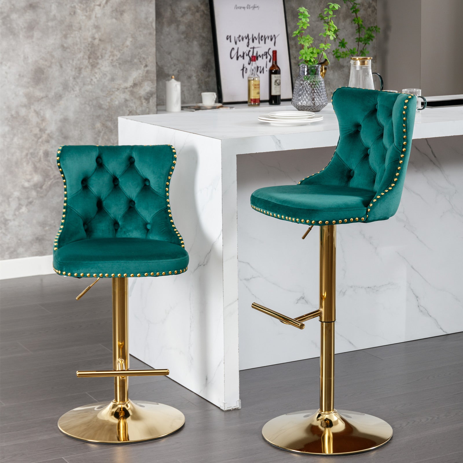 Golden Swivel Velvet Barstools Adjusatble Seat Height From 25 33 Inch, Modern Upholstered Bar Stools With Backs Comfortable Tufted For Home Pub And Kitchen Island Green,Set Of 2 Green Foam Velvet