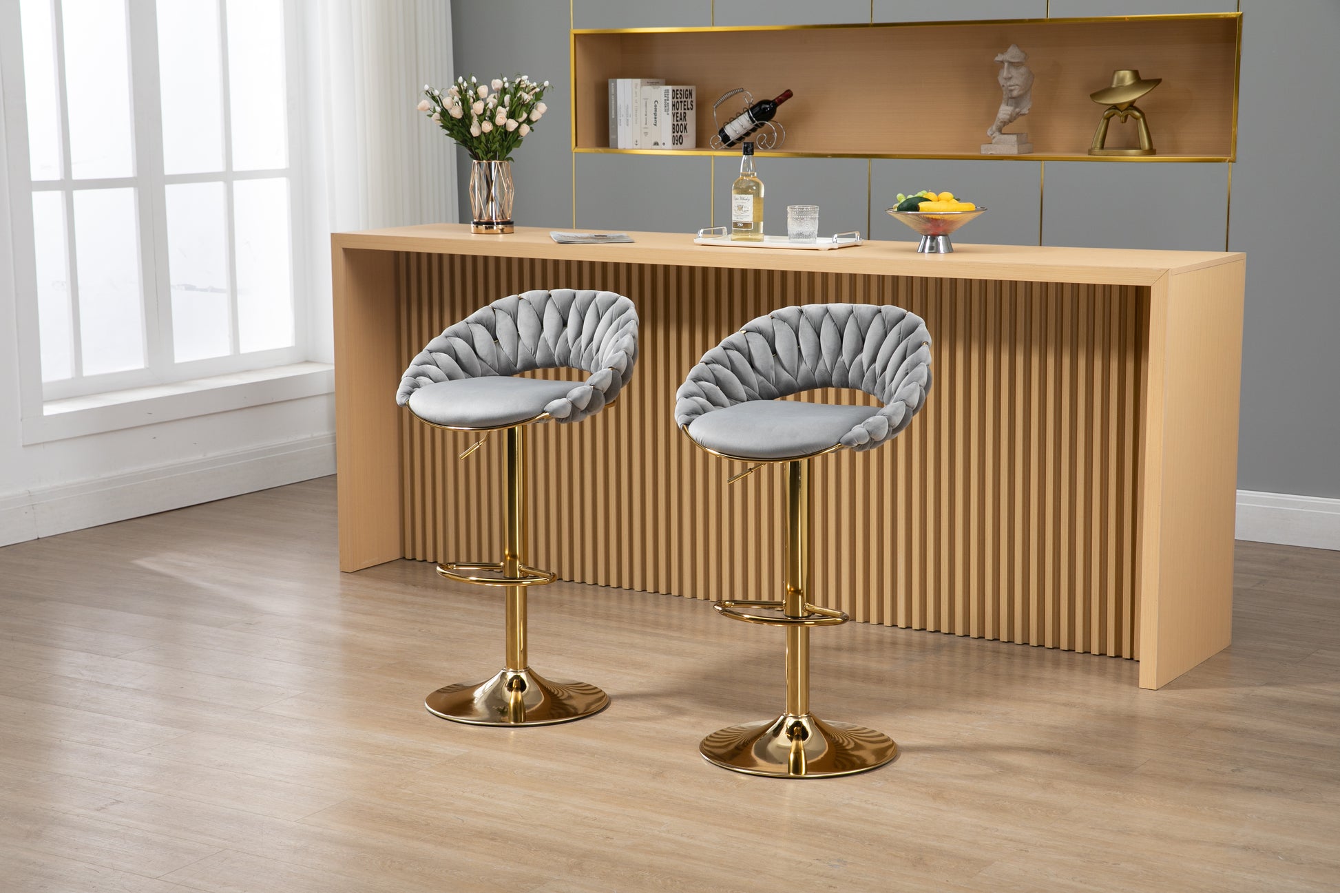 Coolmore Swivel Bar Stools Set Of 2 Adjustable Counter Height Chairs With Footrest For Kitchen, Dining Room 2Pc Set Gray Polyester