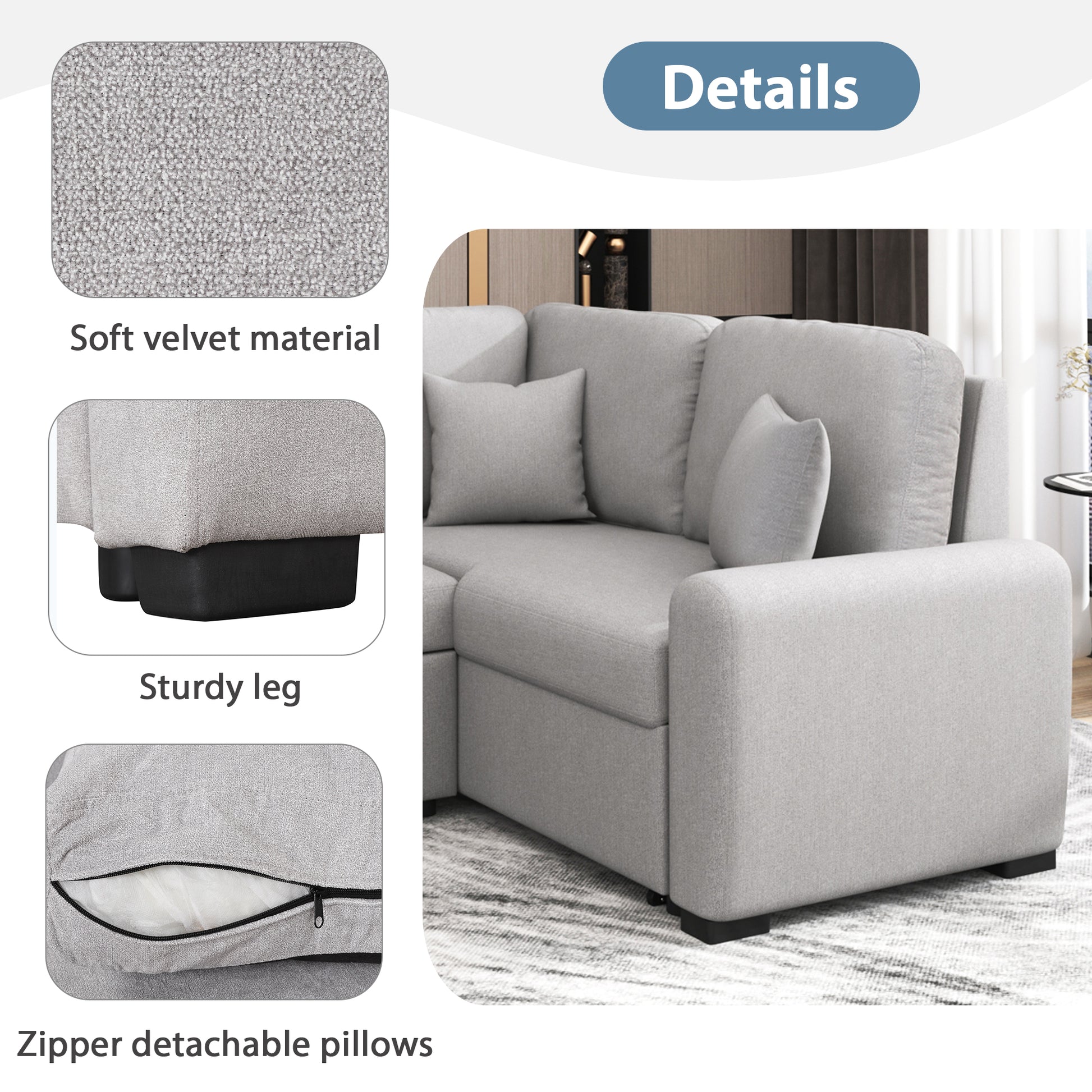 76.7"Sectional Sleeper Sofa With Usb Charging Port And Plug Outlet,Pull Out Sofa Bed With 3 Pillows, L Shape Chaise For Living Room Small Apartment,Grey Grey Foam Velvet 3 Seat