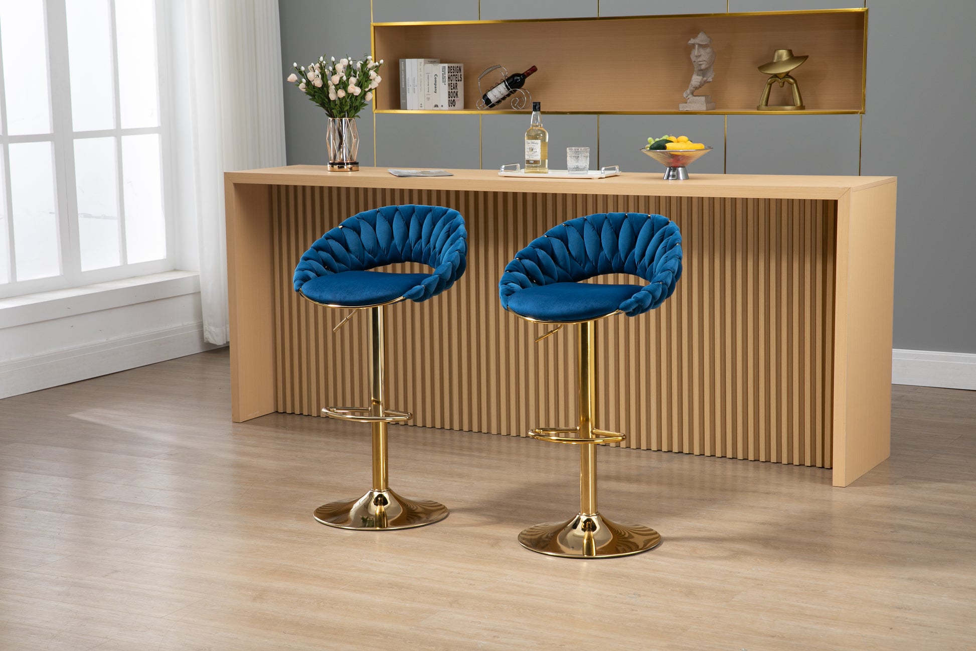 Coolmore Swivel Bar Stools Set Of 2 Adjustable Counter Height Chairs With Footrest For Kitchen, Dining Room 2Pc Set Navy Blue Polyester