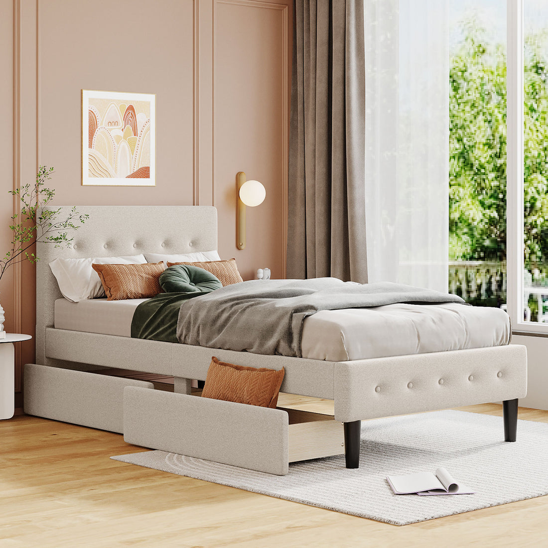 Twin Size Upholstered Platform Bed with 2 Drawers beige-upholstered