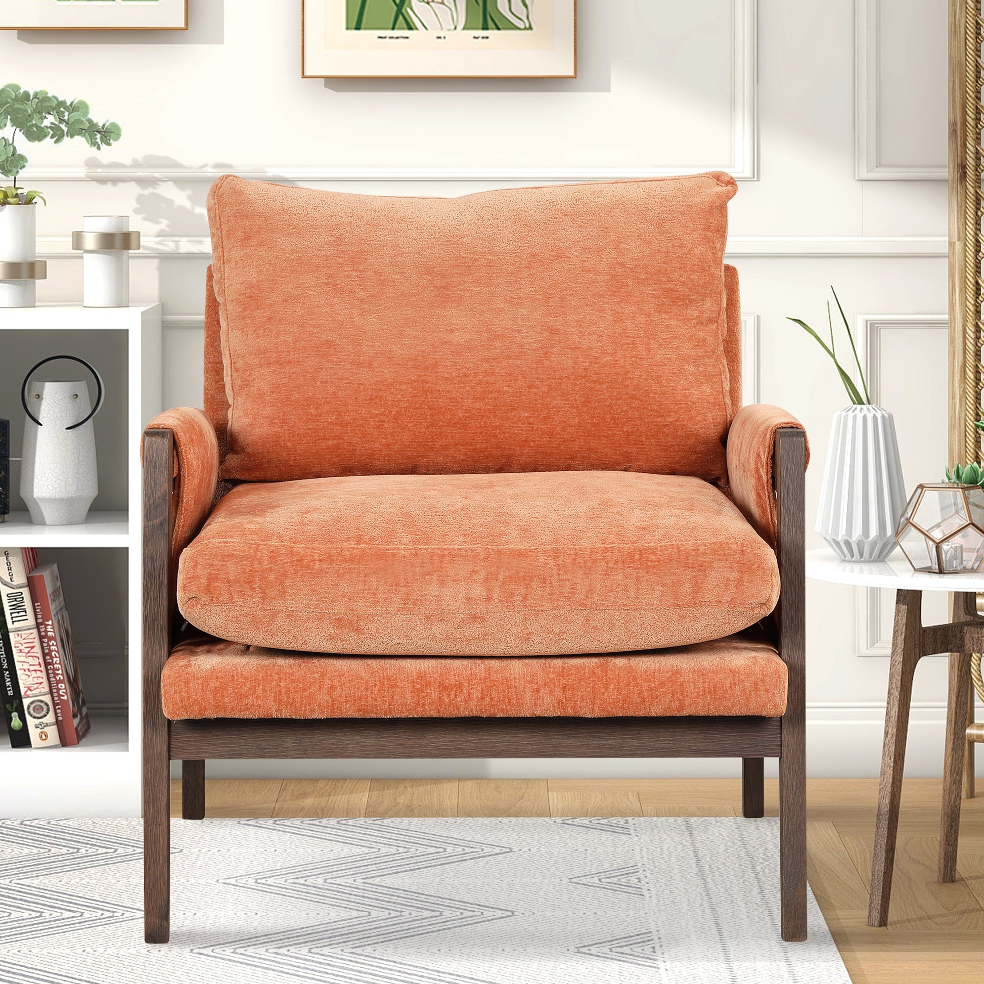 Mid Century Modern Velvet Accent Chair,Leisure Chair With Solid Wood And Thick Seat Cushion For Living Room,Bedroom,Studio,Orange Orange Foam Velvet