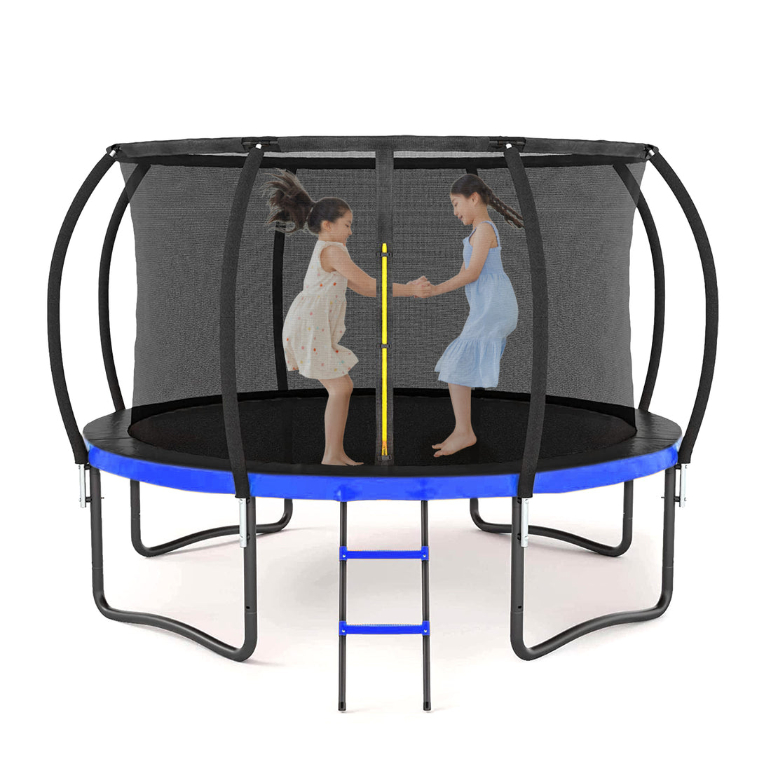 12Ft Outdoor Big Trampoline With Inner Safety Enclosure Net, Ladder, Pvc Spring Cover Padding, For Kids, Black&Blue Color Black Blue Metal