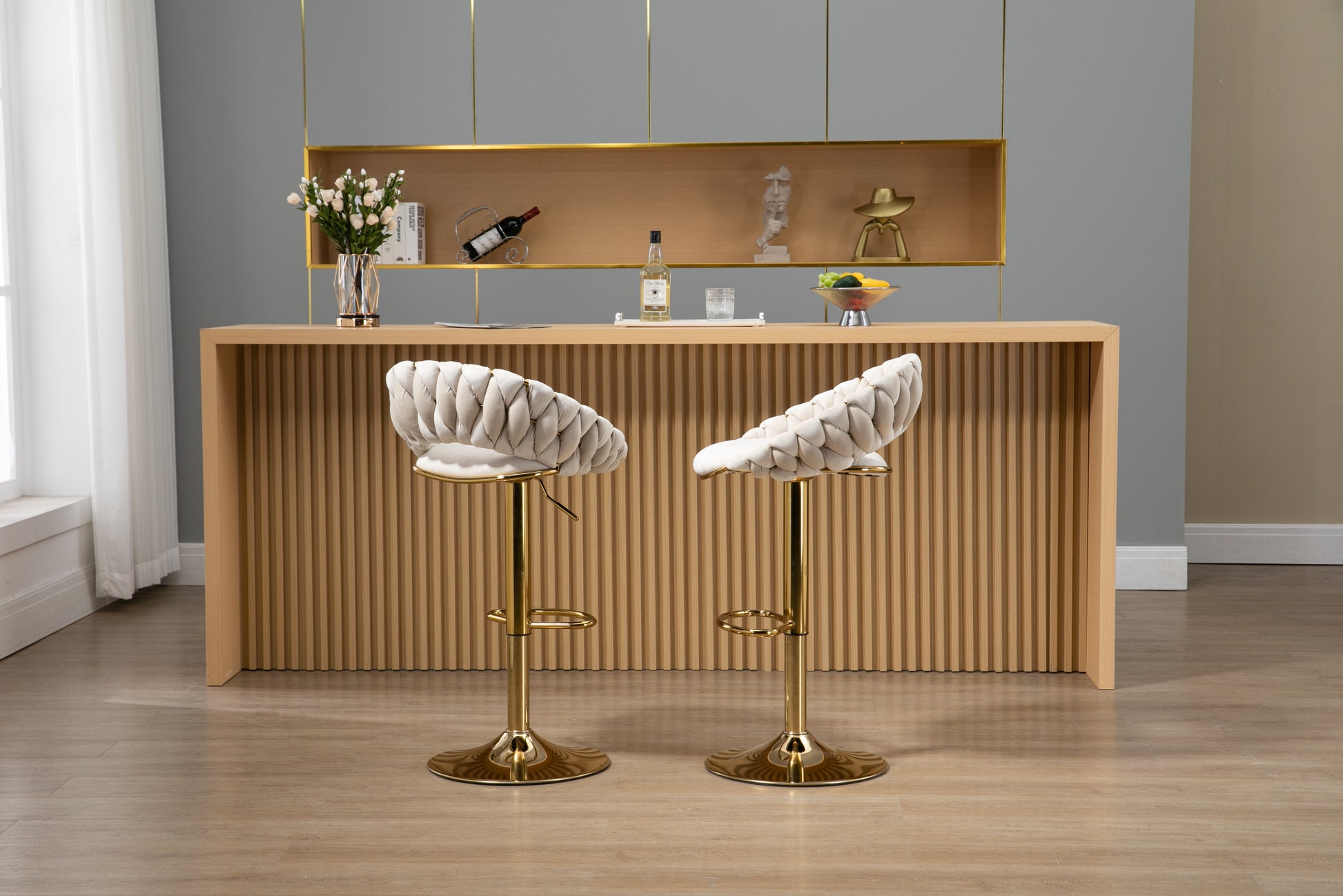 Coolmore Swivel Bar Stools Set Of 2 Adjustable Counter Height Chairs With Footrest For Kitchen, Dining Room 2Pc Set Ivory Polyester