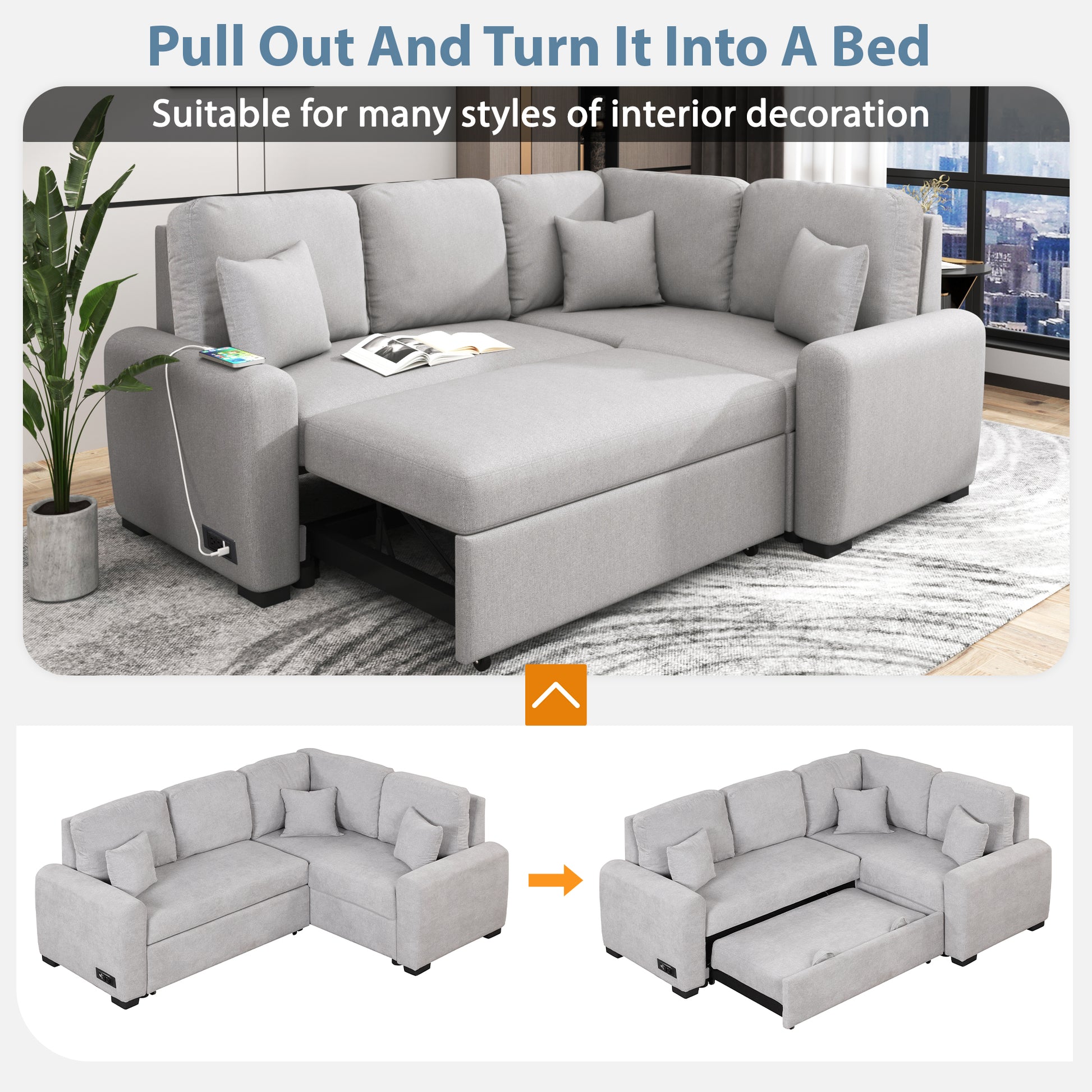 76.7"Sectional Sleeper Sofa With Usb Charging Port And Plug Outlet,Pull Out Sofa Bed With 3 Pillows, L Shape Chaise For Living Room Small Apartment,Grey Grey Foam Velvet 3 Seat