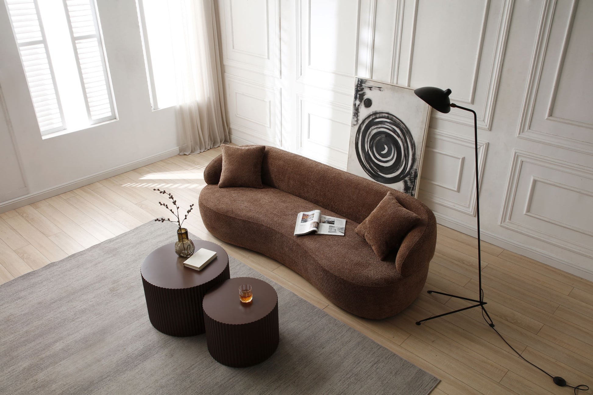 Borwn Mid Century Modern Curved Sofa, 3 Seat Cloud Couch Boucle Sofa Fabric Couch For Living Room, Bedroom, Office Dark Brown Boucle 3 Seat