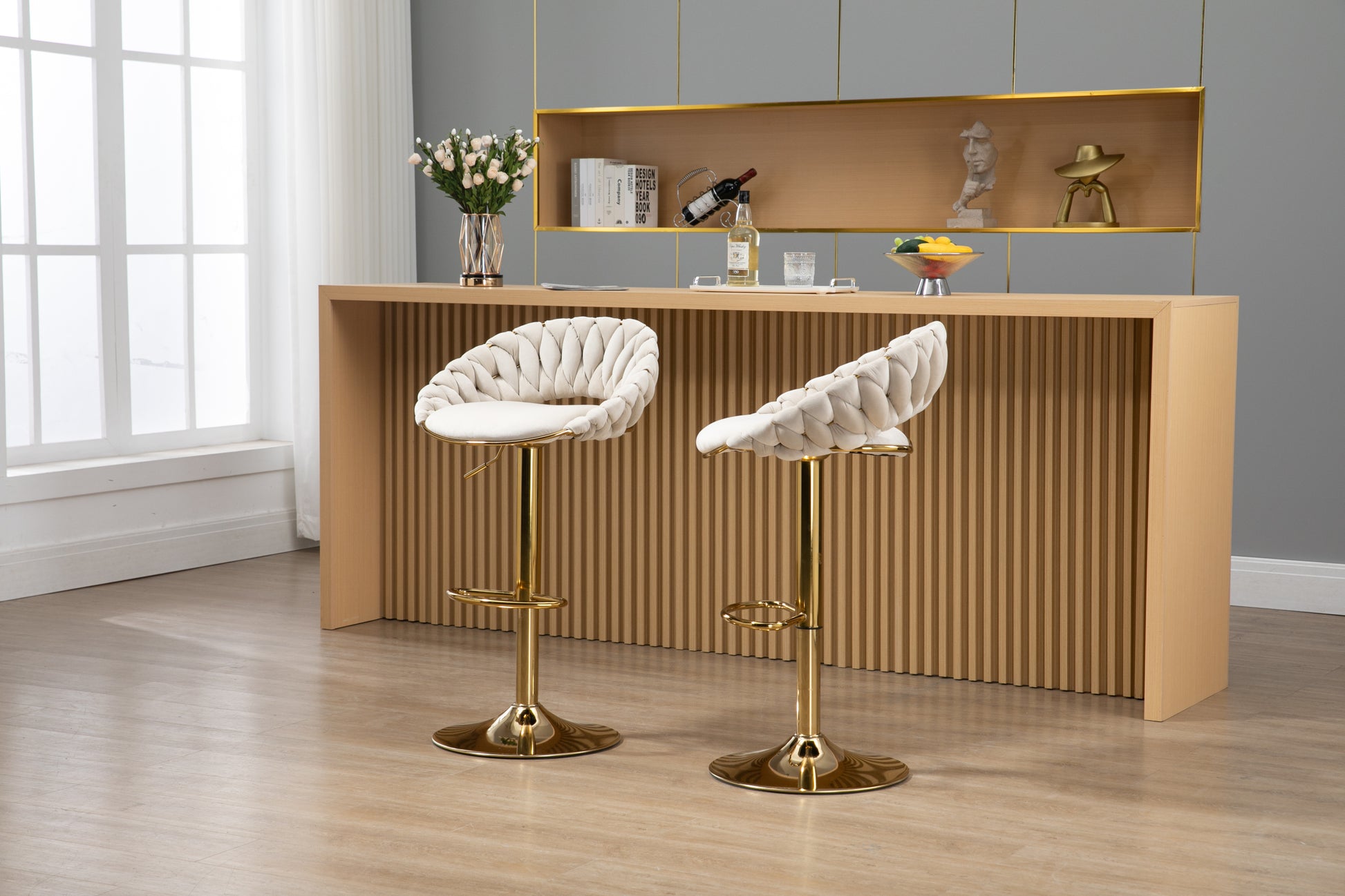 Coolmore Swivel Bar Stools Set Of 2 Adjustable Counter Height Chairs With Footrest For Kitchen, Dining Room 2Pc Set Ivory Polyester