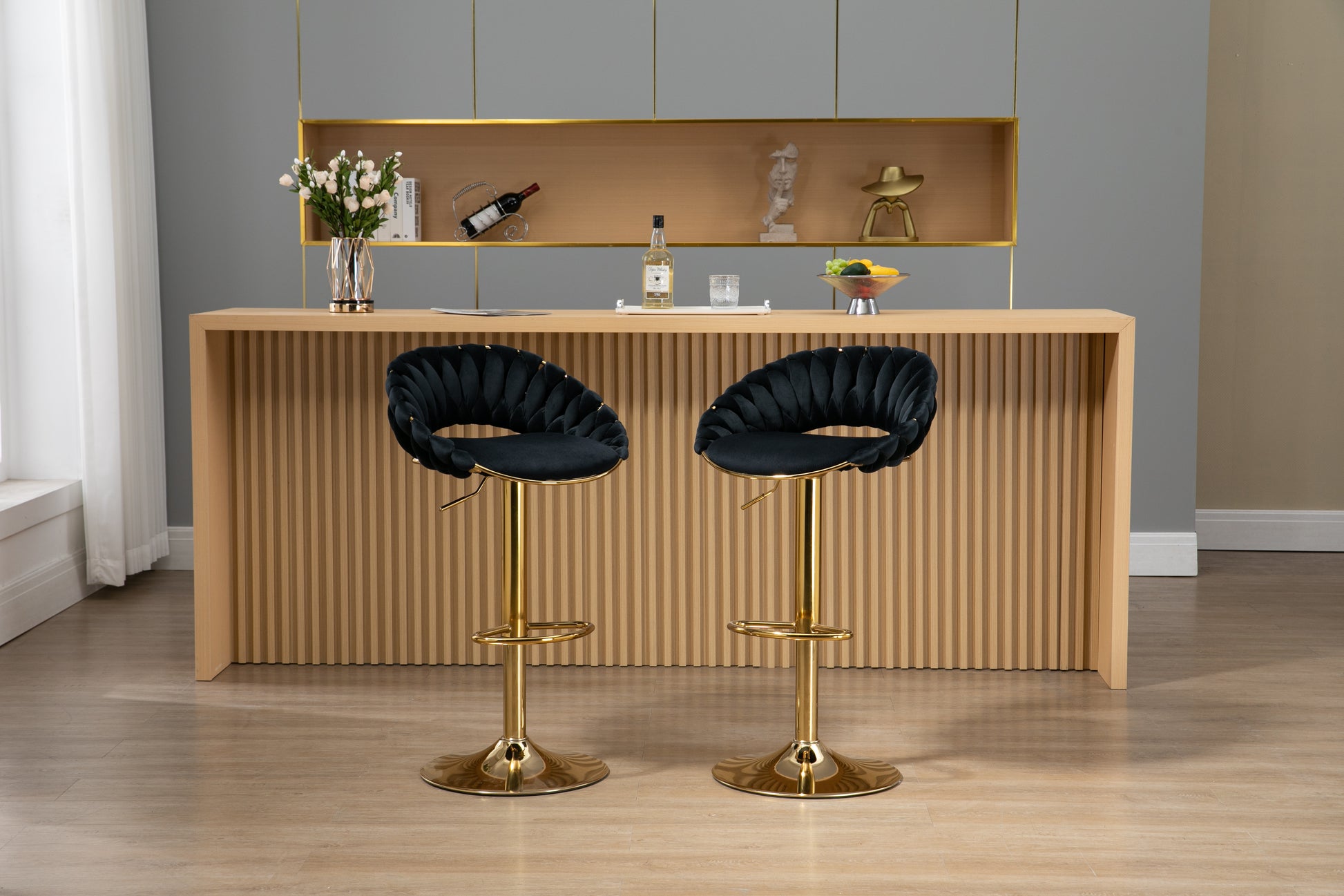 Coolmore Swivel Bar Stools Set Of 2 Adjustable Counter Height Chairs With Footrest For Kitchen, Dining Room 2Pc Set Black Polyester