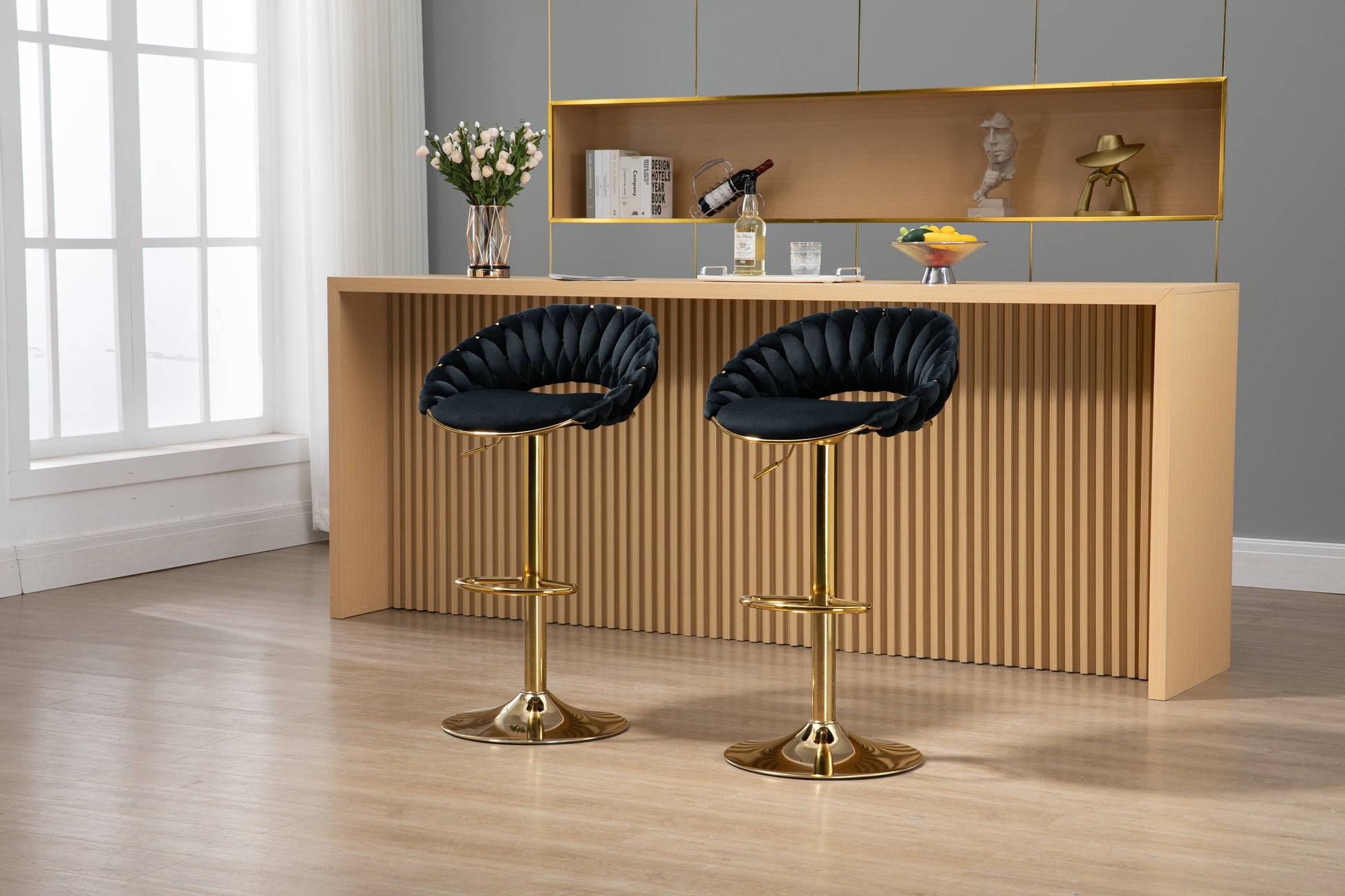 Coolmore Swivel Bar Stools Set Of 2 Adjustable Counter Height Chairs With Footrest For Kitchen, Dining Room 2Pc Set Black Polyester