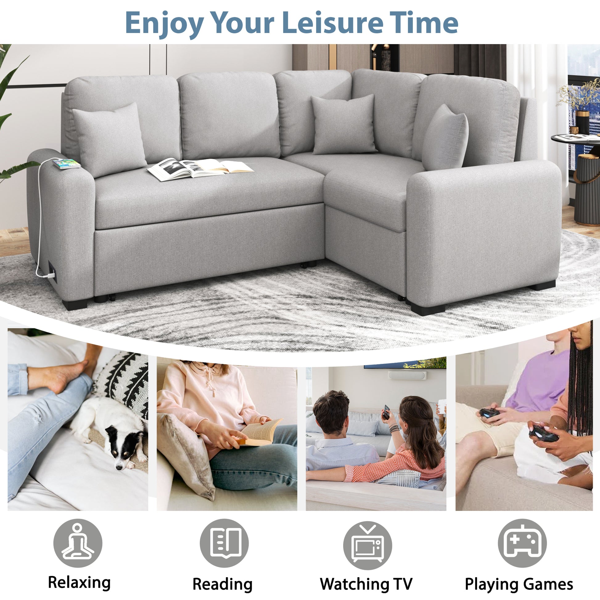 87.4"Sectional Sleeper Sofa with USB Charging Port and grey-foam-chenille