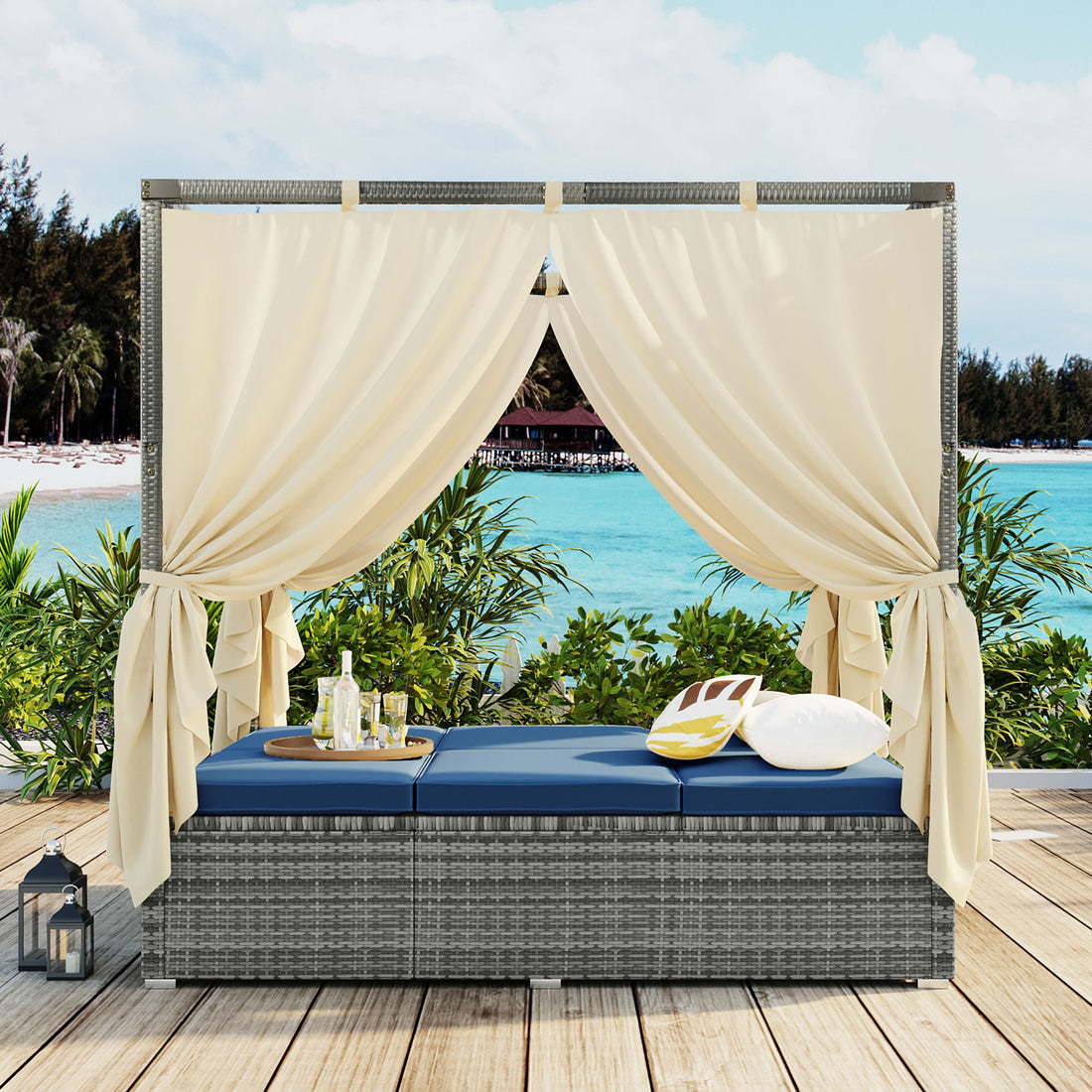 Adjustable Sun Bed With Curtain,High Comfort,With 3 Colors Blue Hdpe