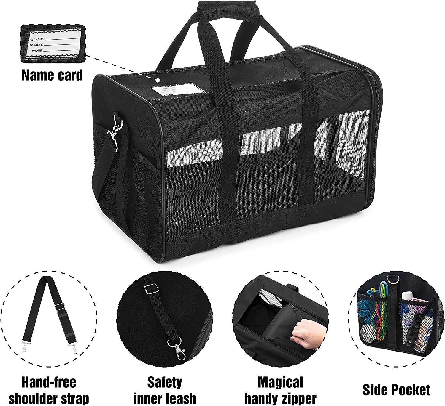 Scratchme Pet Travel Carrier Soft Sided Portable Bag For Cats, Small Dogs, Kittens Or Puppies, Collapsible, Durable, Airline Approved, Travel Friendly, Carry Your Pet With You Safely And Comfortably Black Fabric