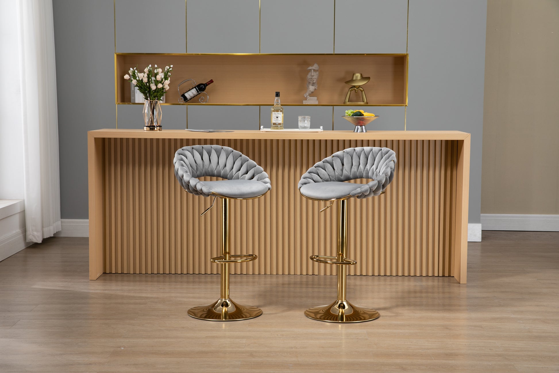 Coolmore Swivel Bar Stools Set Of 2 Adjustable Counter Height Chairs With Footrest For Kitchen, Dining Room 2Pc Set Gray Polyester